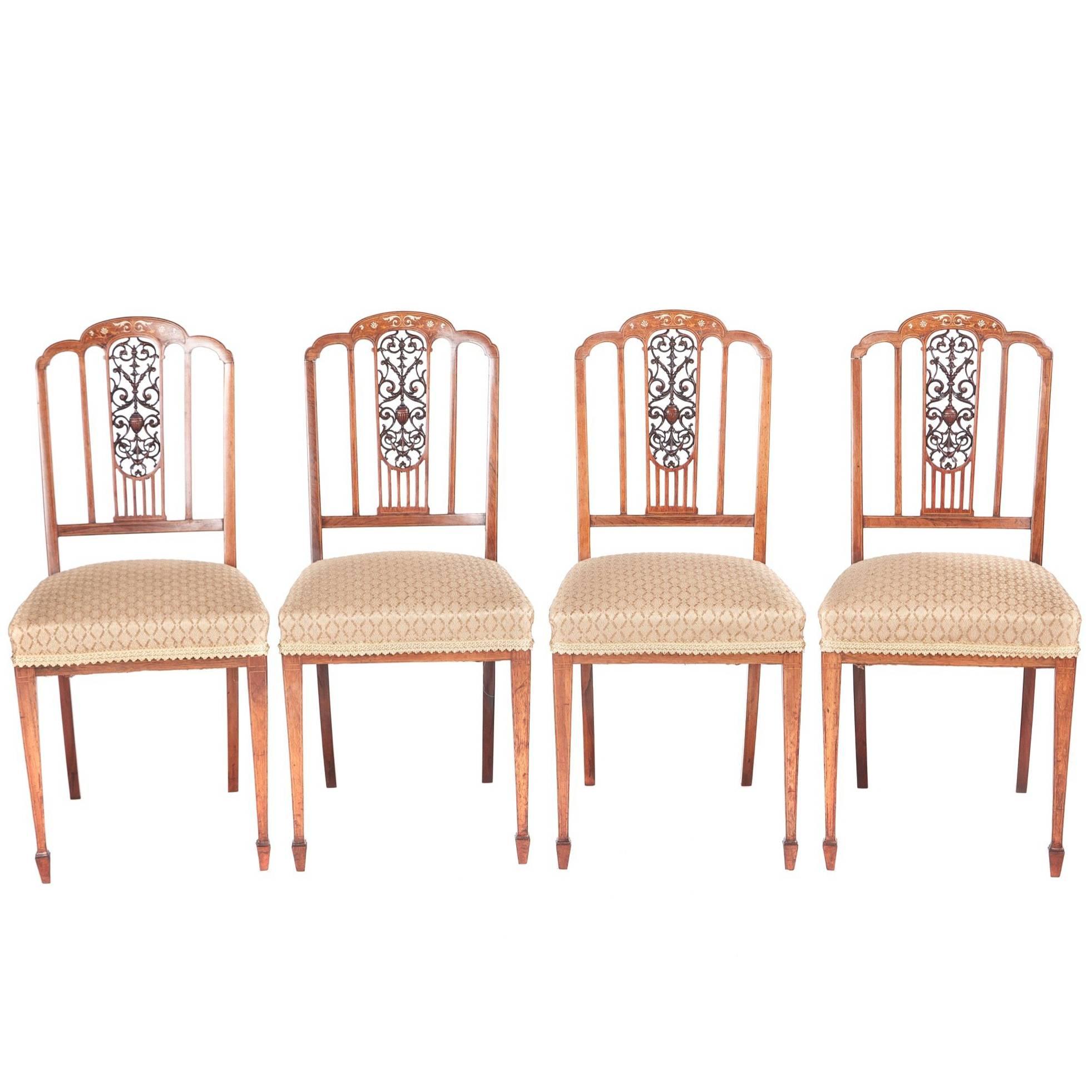 Outstanding Quality Set of Four Edwardian Inlaid Hardwood Dining Chairs For Sale
