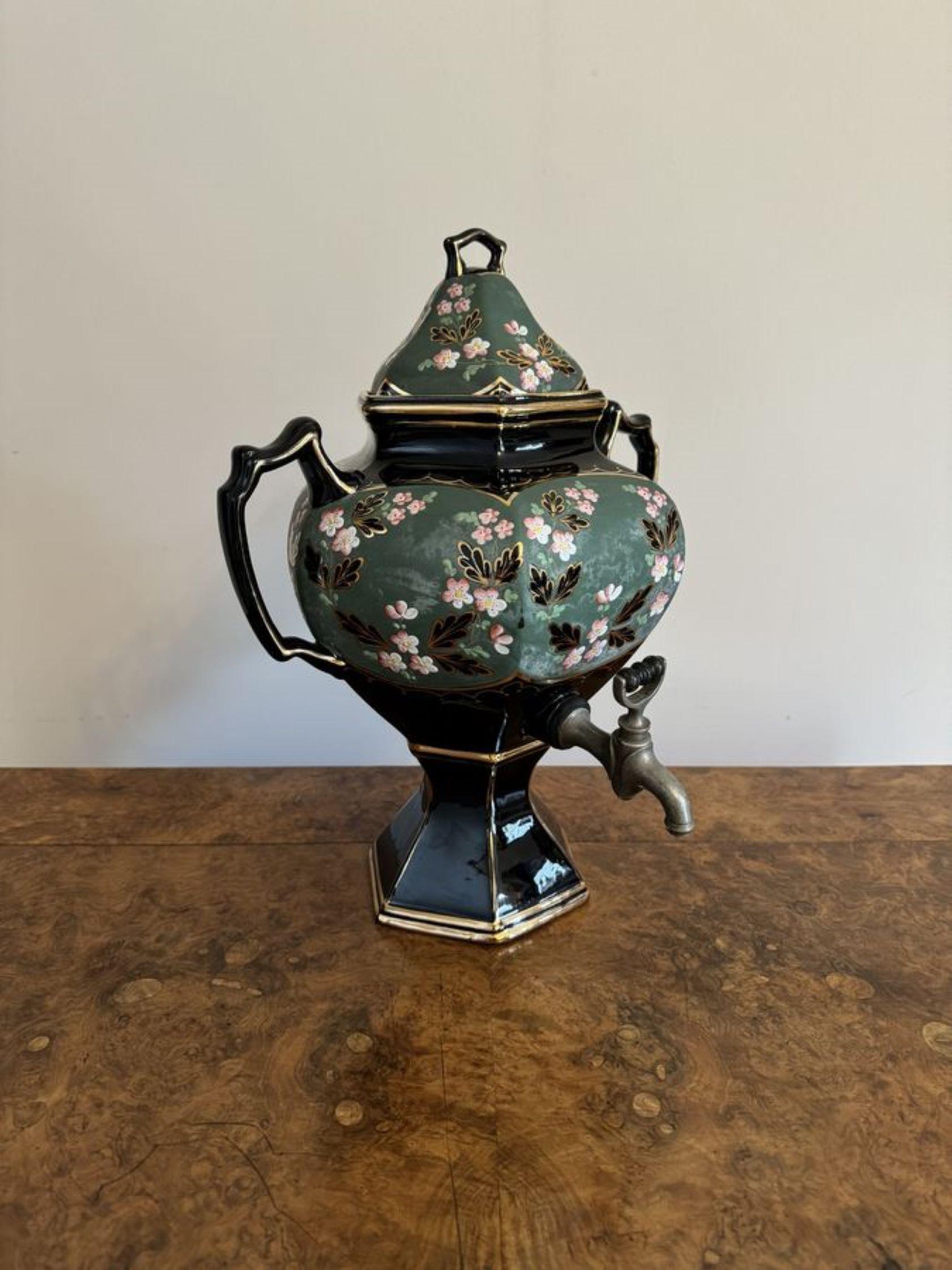 Outstanding quality unusual antique Victorian samovar having a quality Victorian Staffordshire hexagonal shaped samovar with scroll carrying handles to the sides, a lift off lid to the top, and the original tap to the front, decorated with pink