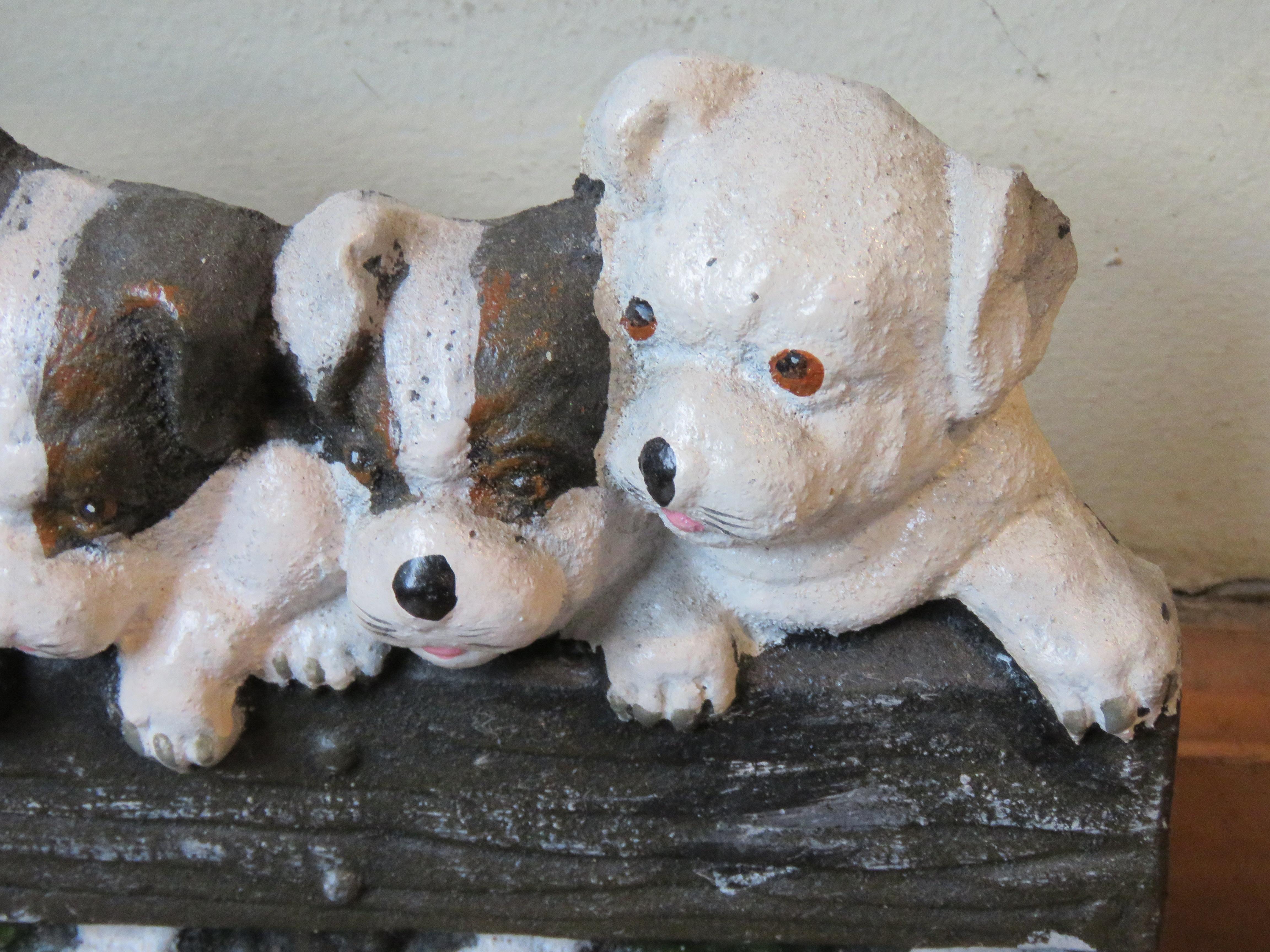Unknown Outstanding Rare Important Heavy Sculpted Painted Cast Iron Dog Group Stand For Sale