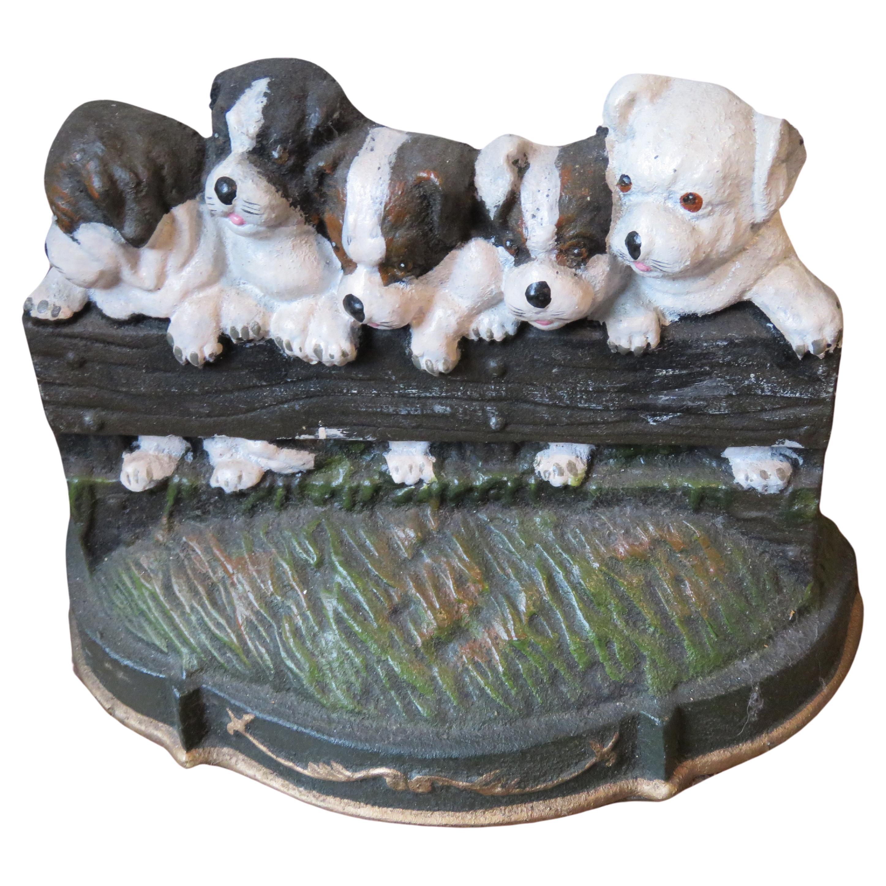 Outstanding Rare Important Heavy Sculpted Painted Cast Iron Dog Group Stand For Sale