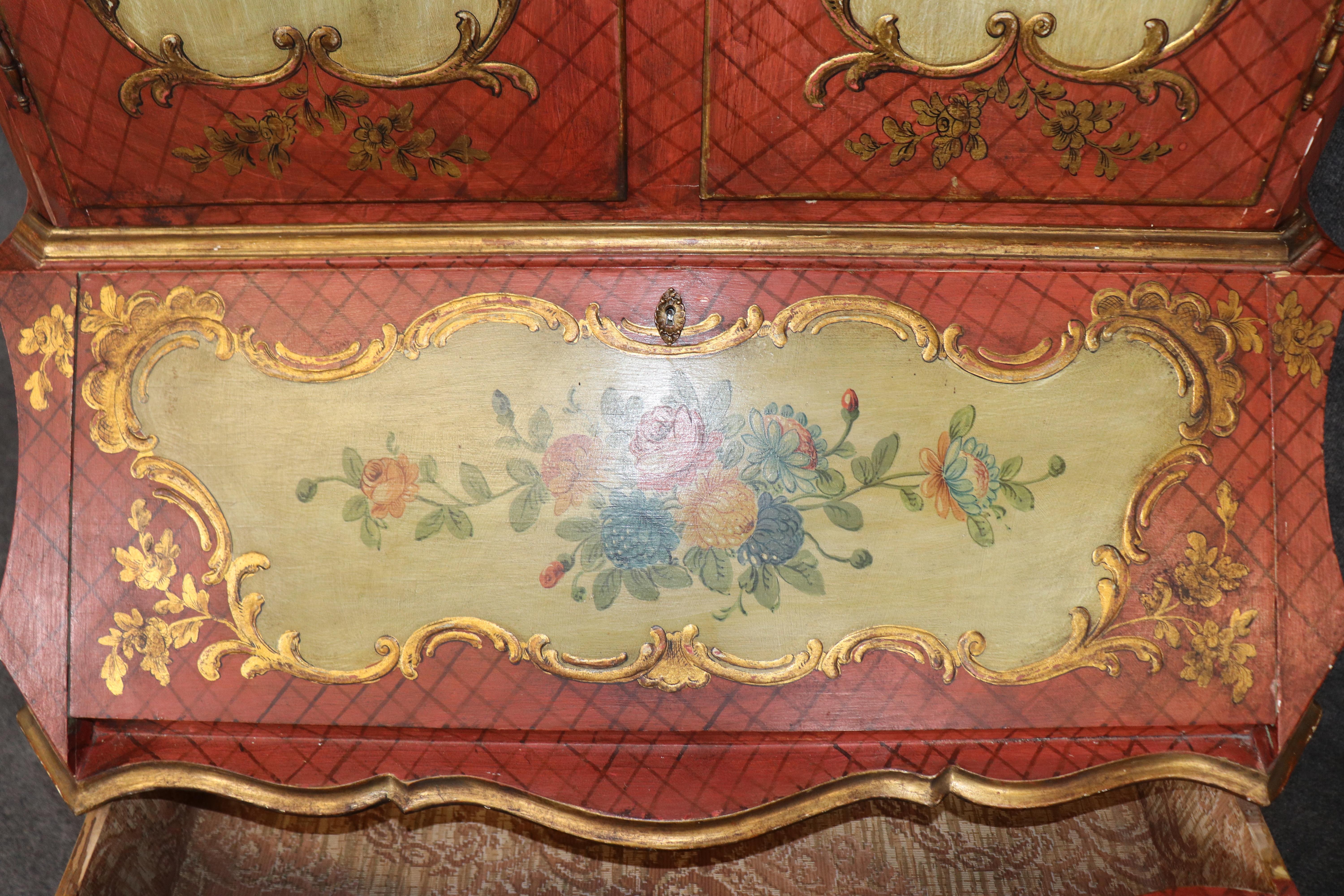 Outstanding Red and Yellow Ornate Large Venetian Painted Secretary Desk For Sale 3