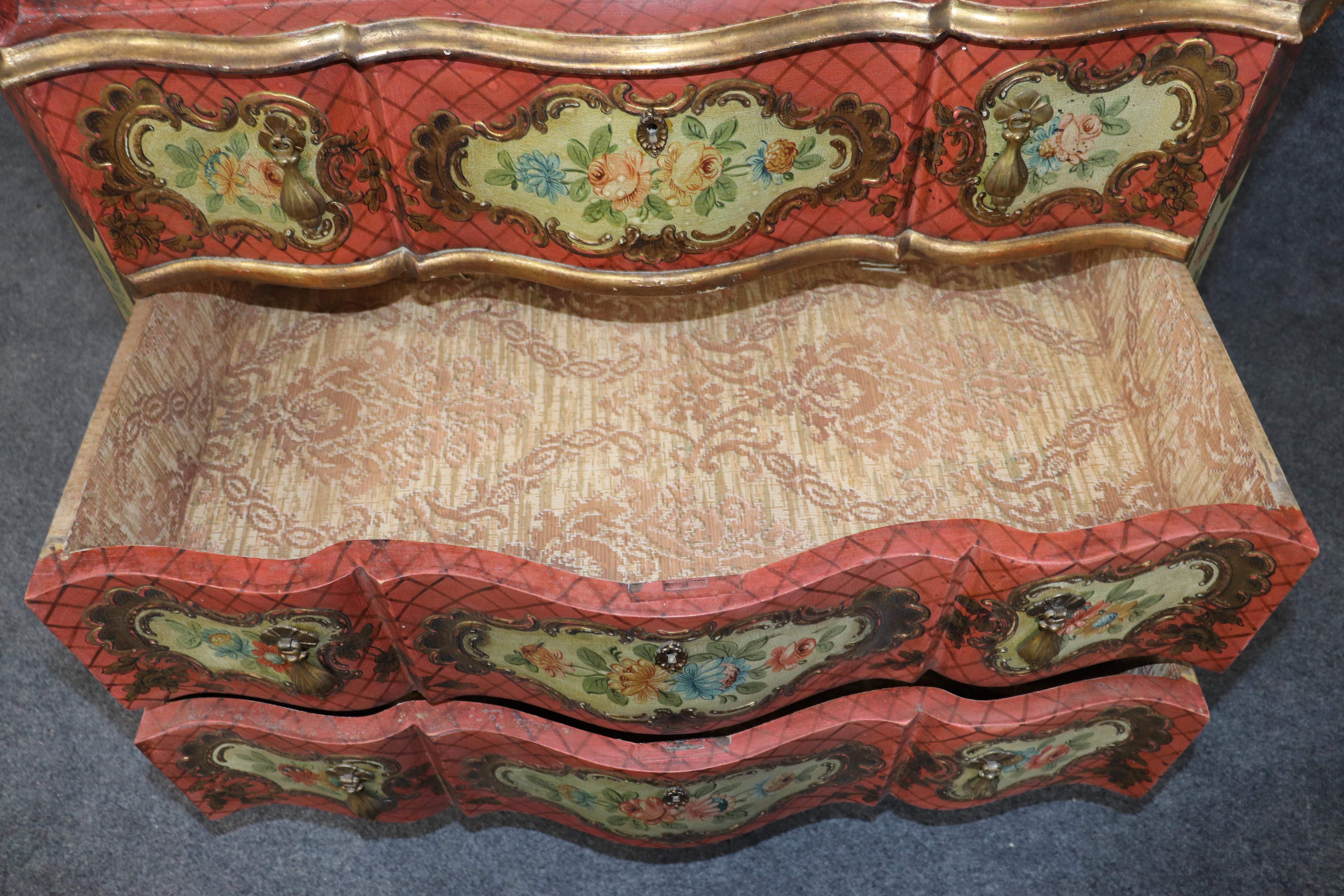Outstanding Red and Yellow Ornate Large Venetian Painted Secretary Desk For Sale 5