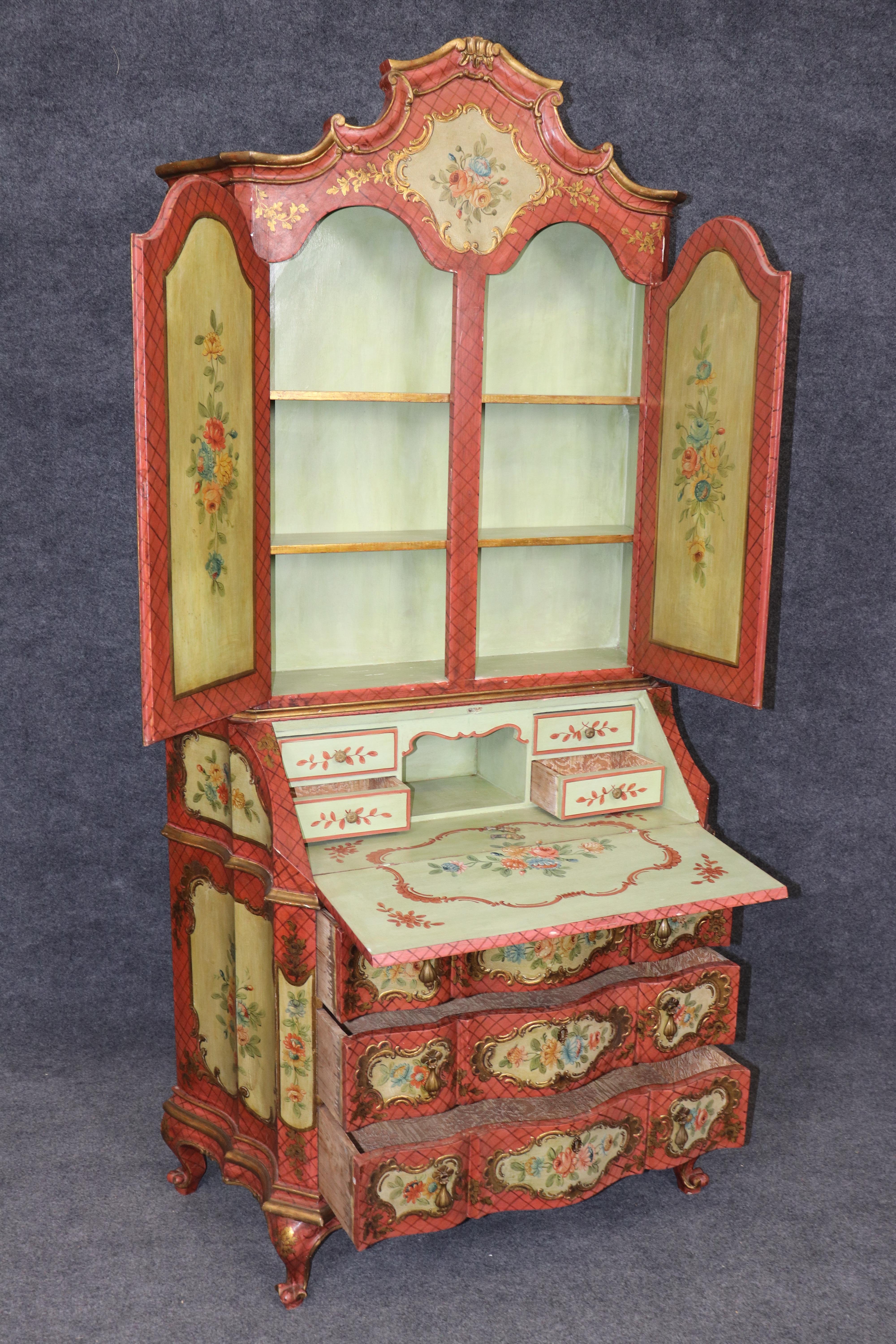 This is a masterpiece of paint decoration and design. The design, scale, the colors and amazing paint-work is absolutely remarkable and the piece is in two separate pieces. The desk is perfect for shallow areas in a smaller area with restricted