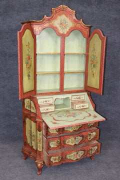 Outstanding Red and Yellow Ornate Large Venetian Painted Secretary Desk