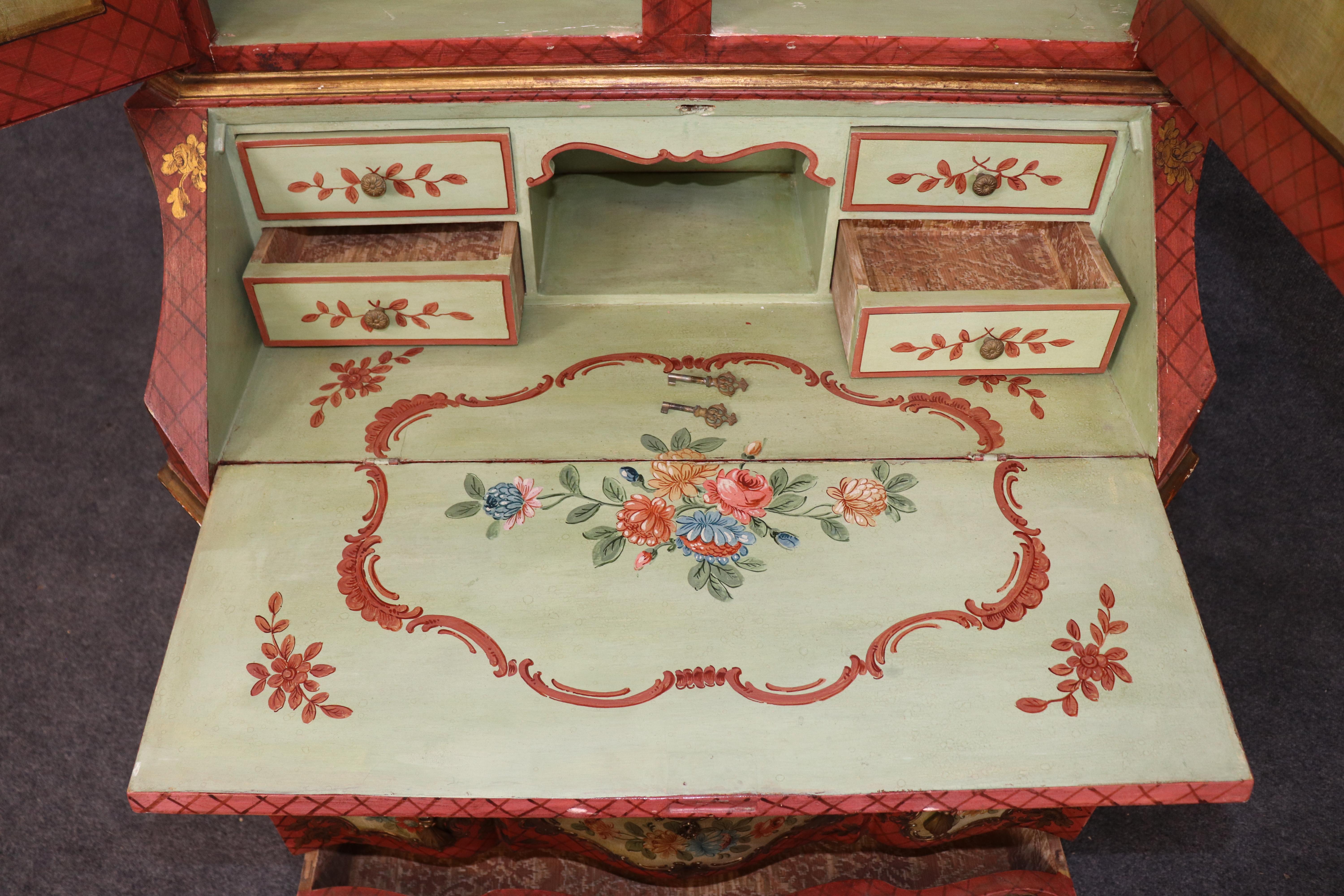 Neoclassical Revival Outstanding Red and Yellow Ornate Large Venetian Painted Secretary Desk For Sale
