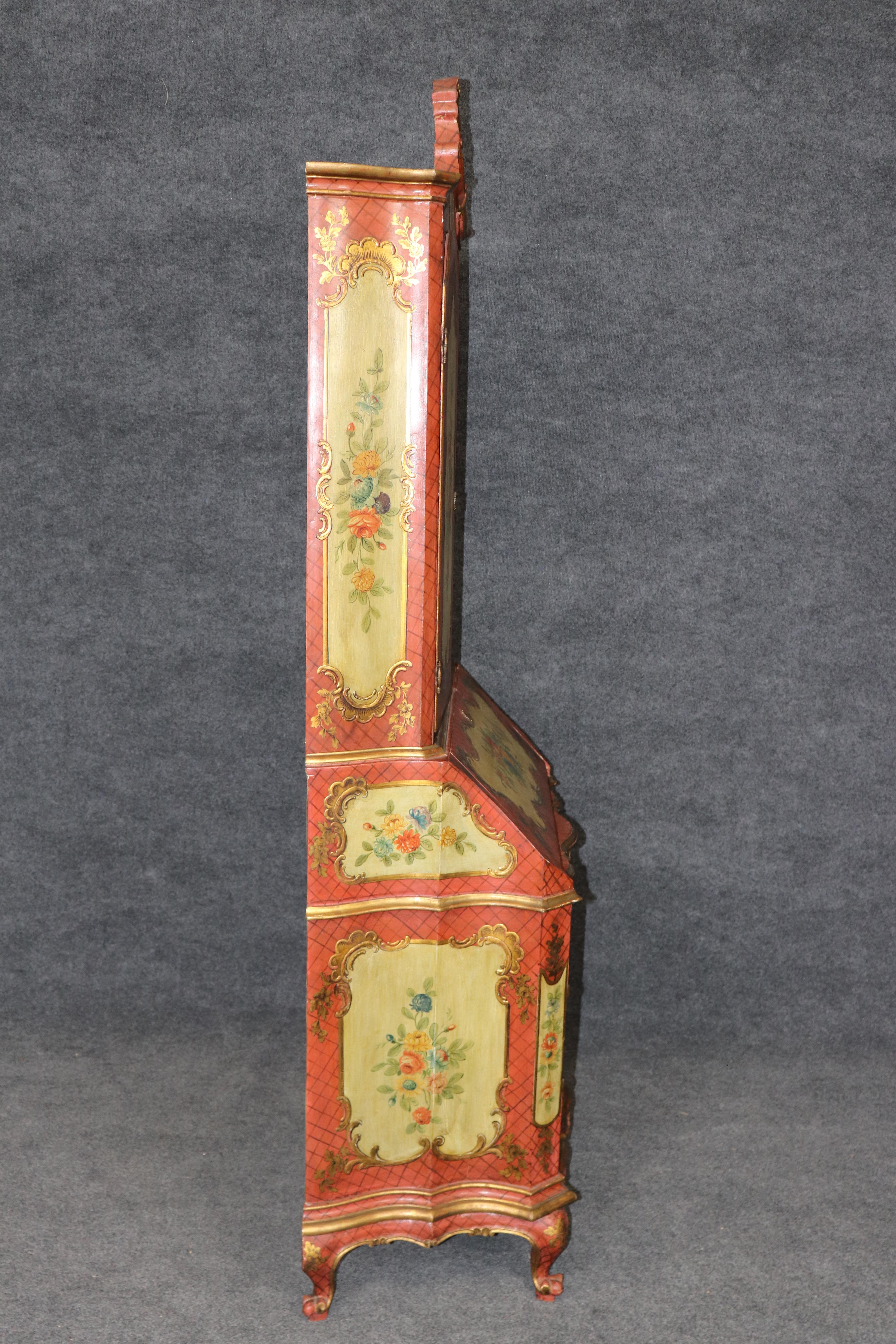 Italian Outstanding Red and Yellow Ornate Large Venetian Painted Secretary Desk For Sale