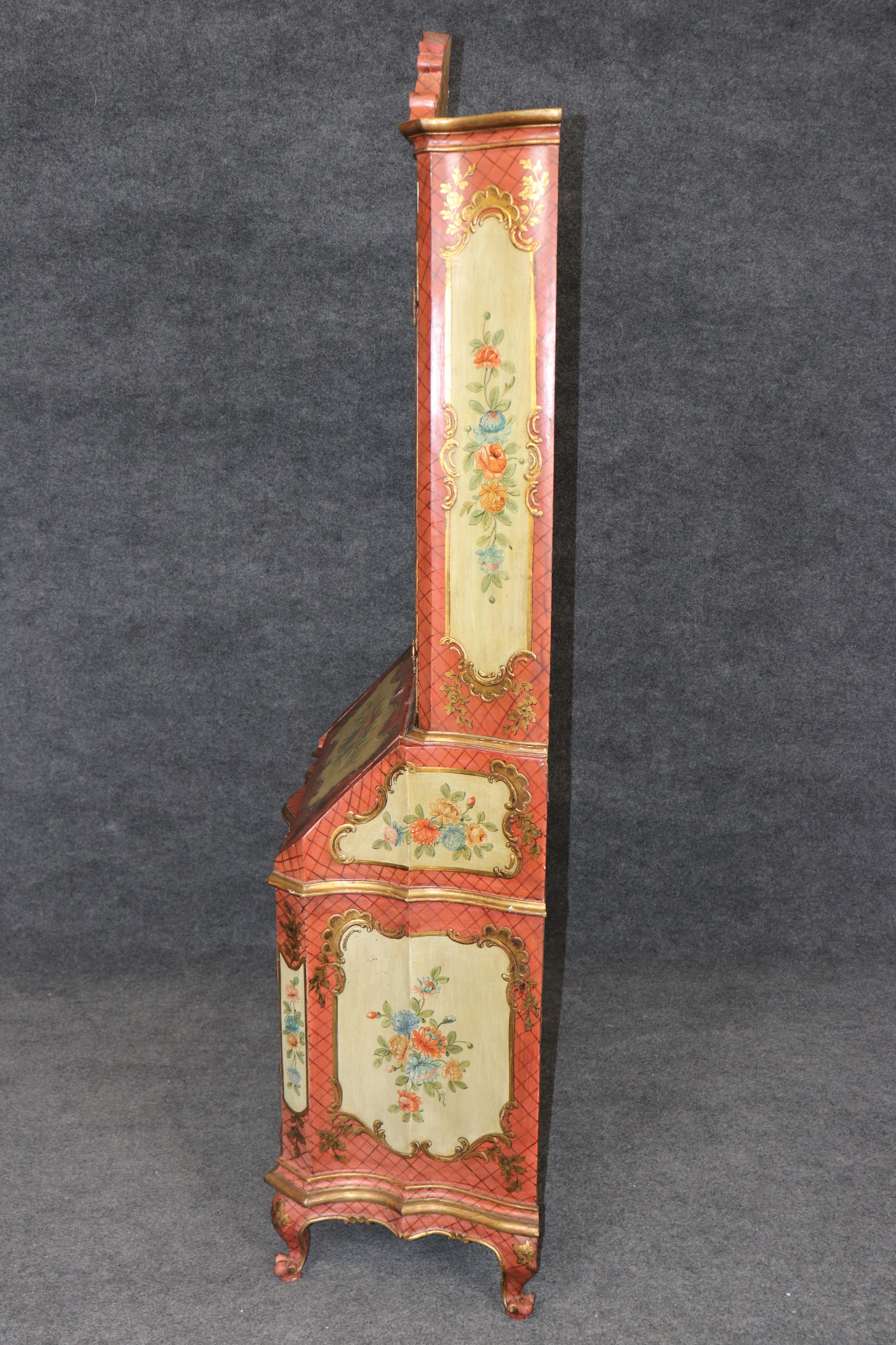 Outstanding Red and Yellow Ornate Large Venetian Painted Secretary Desk In Good Condition For Sale In Swedesboro, NJ