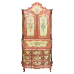 Outstanding Red and Yellow Ornate Large Venetian Painted Secretary Desk