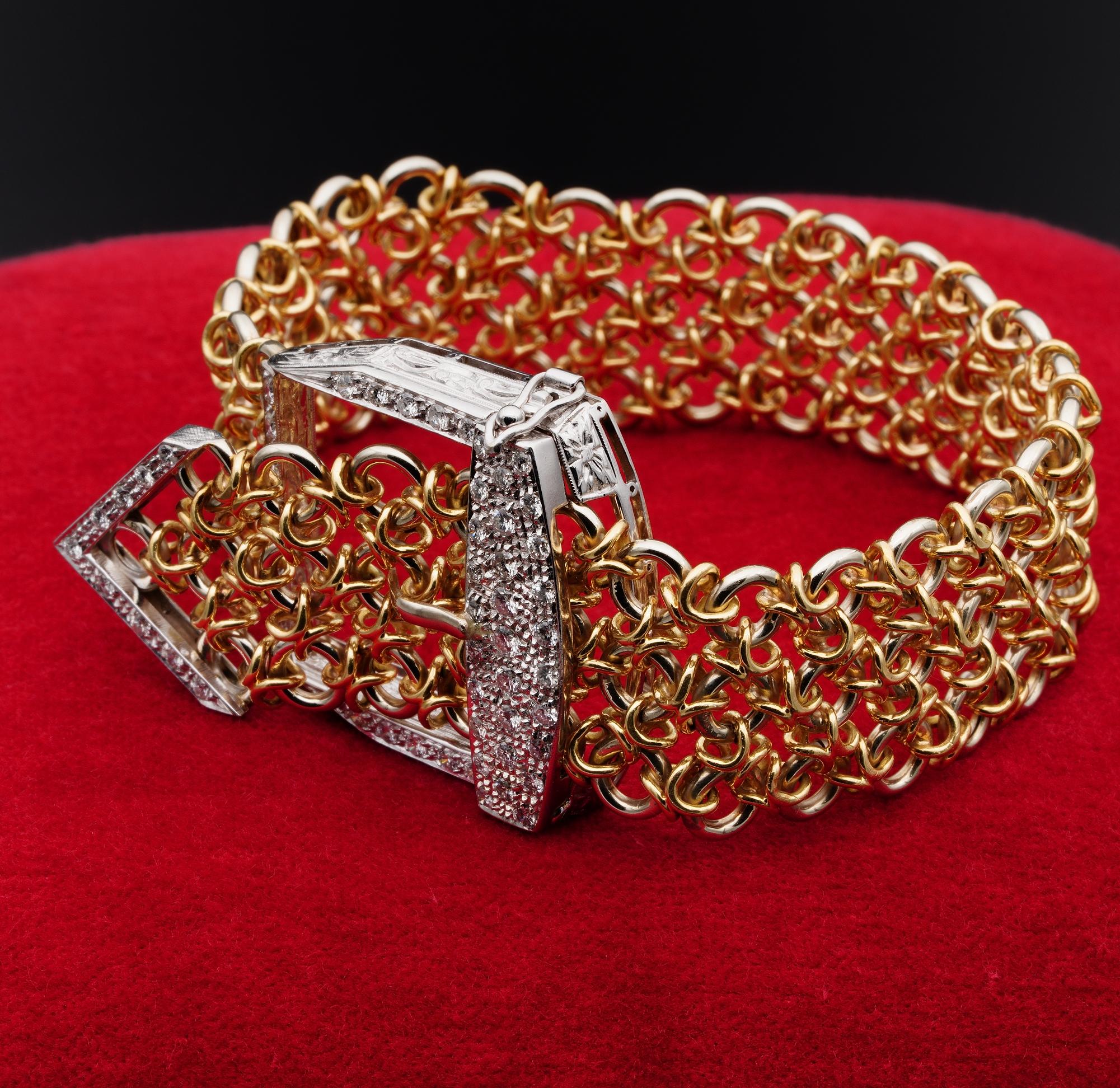 Women's Outstanding Retro 1.45 Carat Diamond Buckle Bracelet 18 Karat Gold For Sale