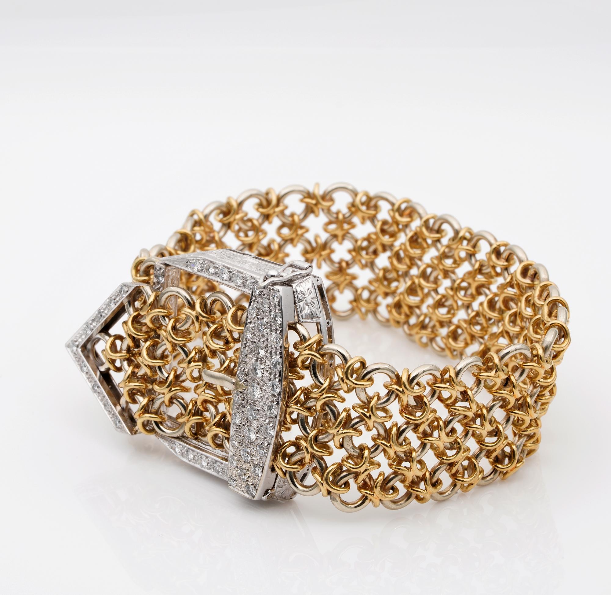 Outstanding Retro 1.45 Carat Diamond Buckle Bracelet 18 Karat Gold For Sale 1