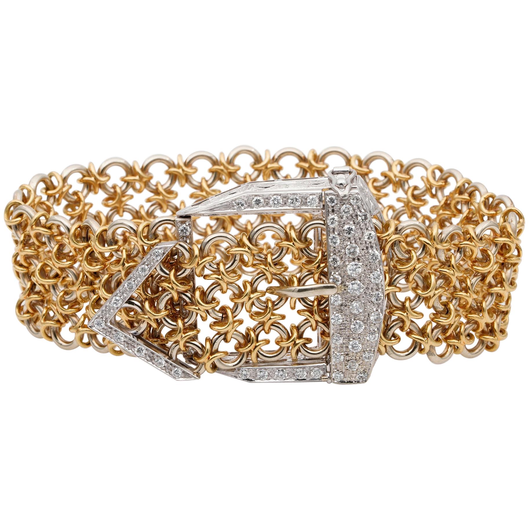 Outstanding Retro 1.45 Carat Diamond Buckle Bracelet 18 Karat Gold For Sale