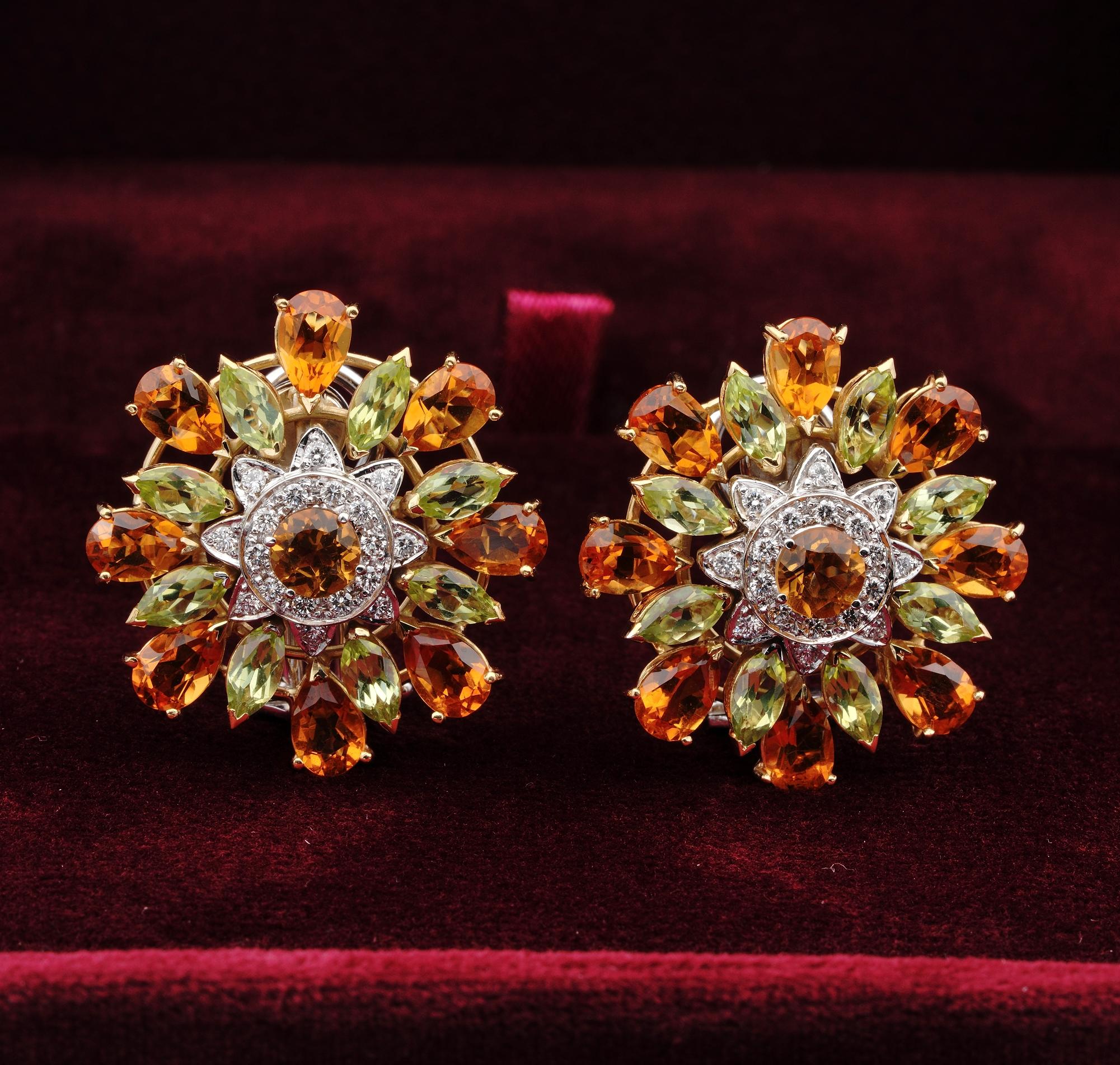 Retro Glam!

Sensational large sized retro period, Flower designed earrings, having great appeal and Glam to get noticed
Hand crafted of solid 18 Kt gold marked- white and yellow – made as unique during 1950 ca
Large flowers made by a selection of