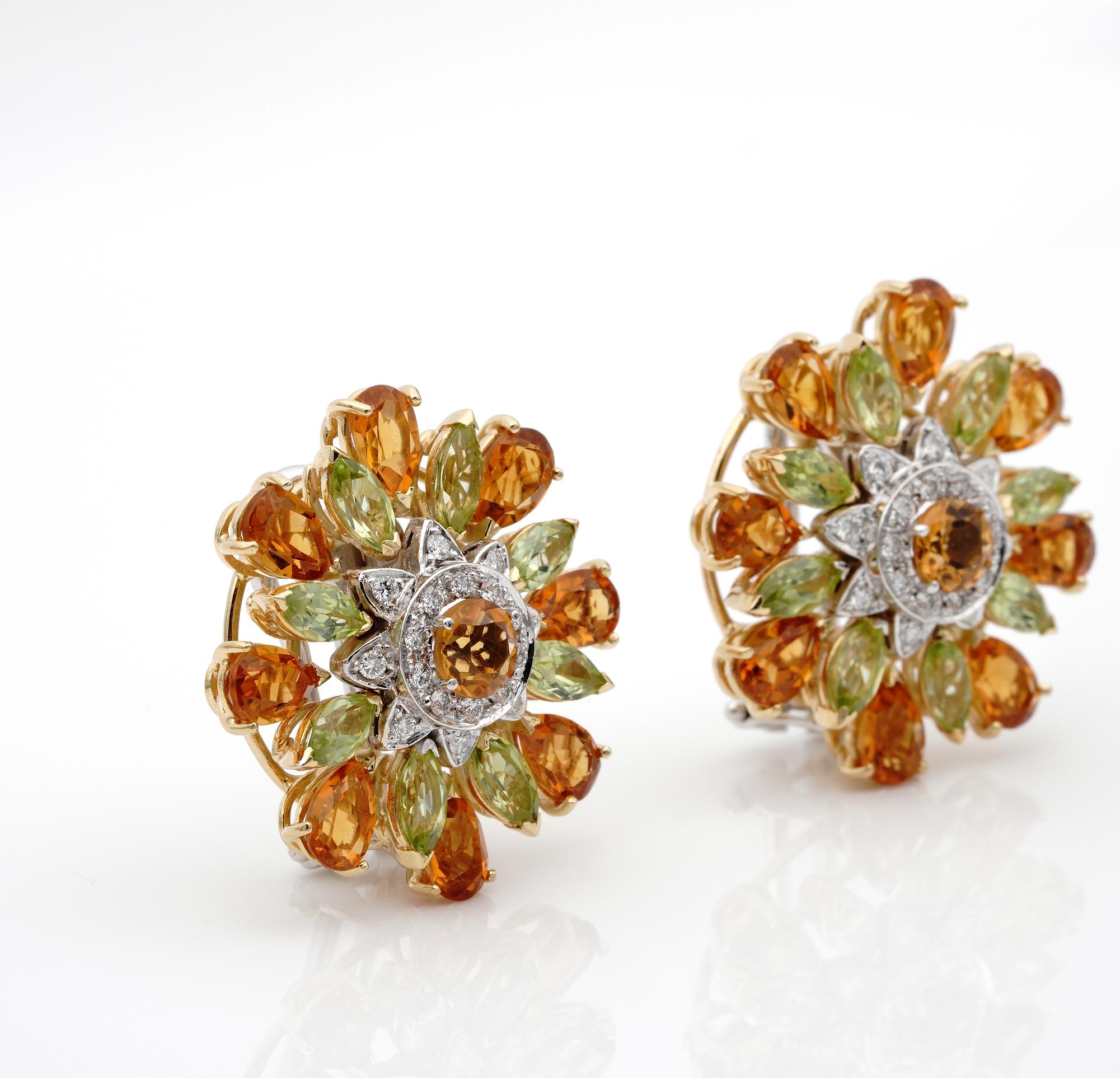 Outstanding Retro Large Flower Citrine Peridot and Diamond Earrings In Good Condition For Sale In Napoli, IT