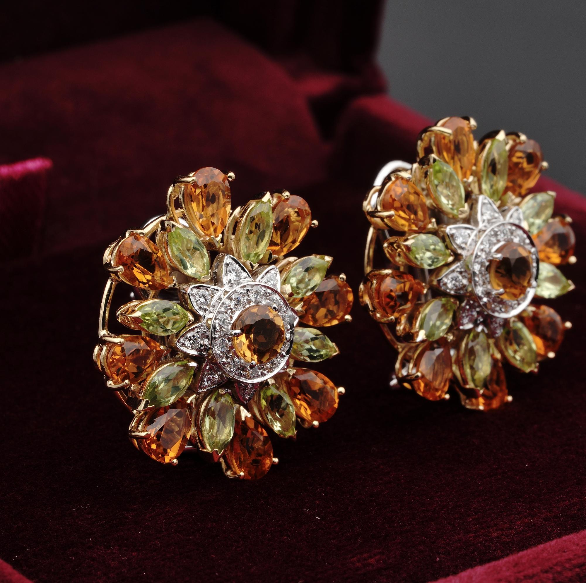 Women's Outstanding Retro Large Flower Citrine Peridot and Diamond Earrings For Sale