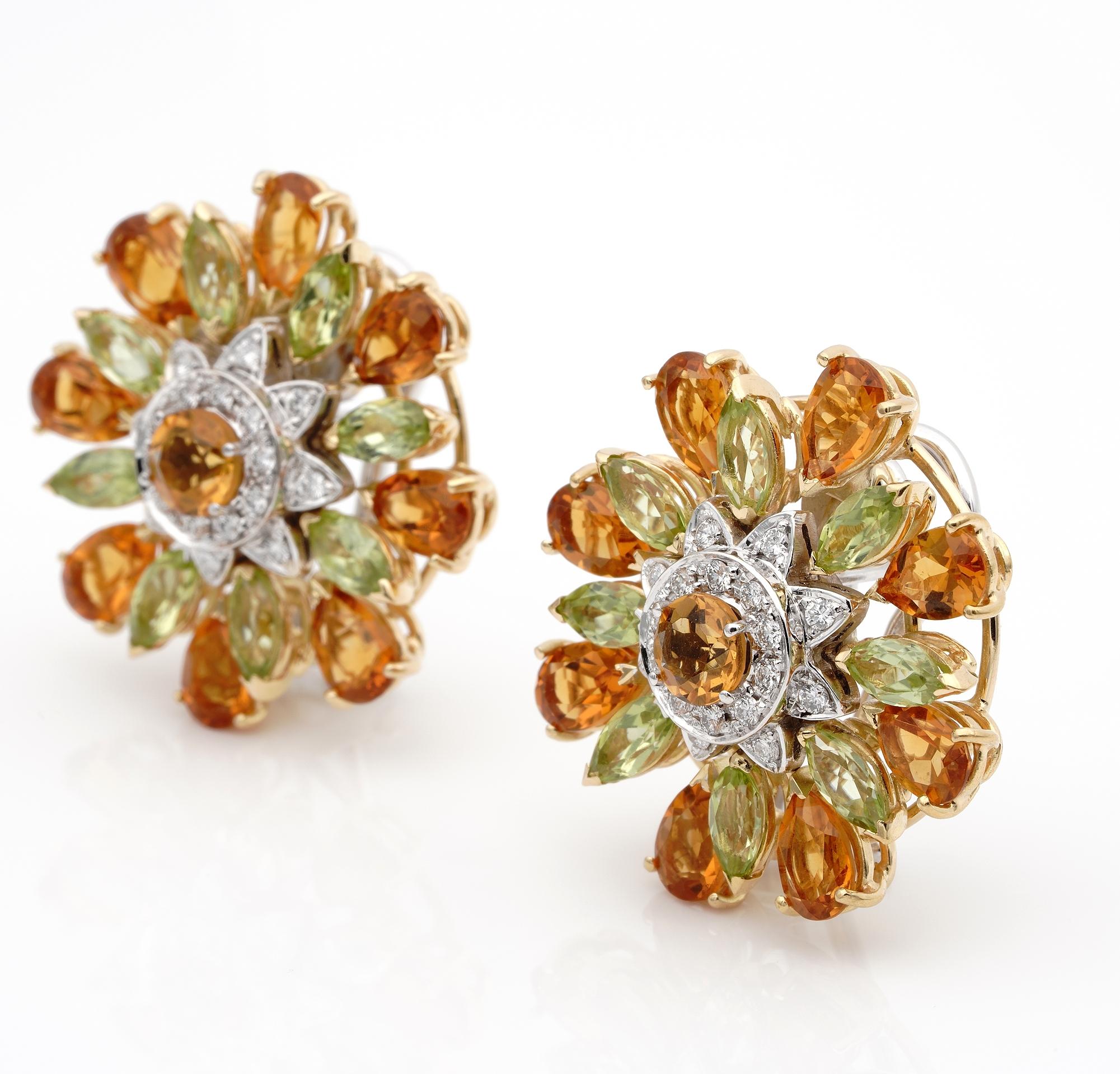 Outstanding Retro Large Flower Citrine Peridot and Diamond Earrings For Sale 1