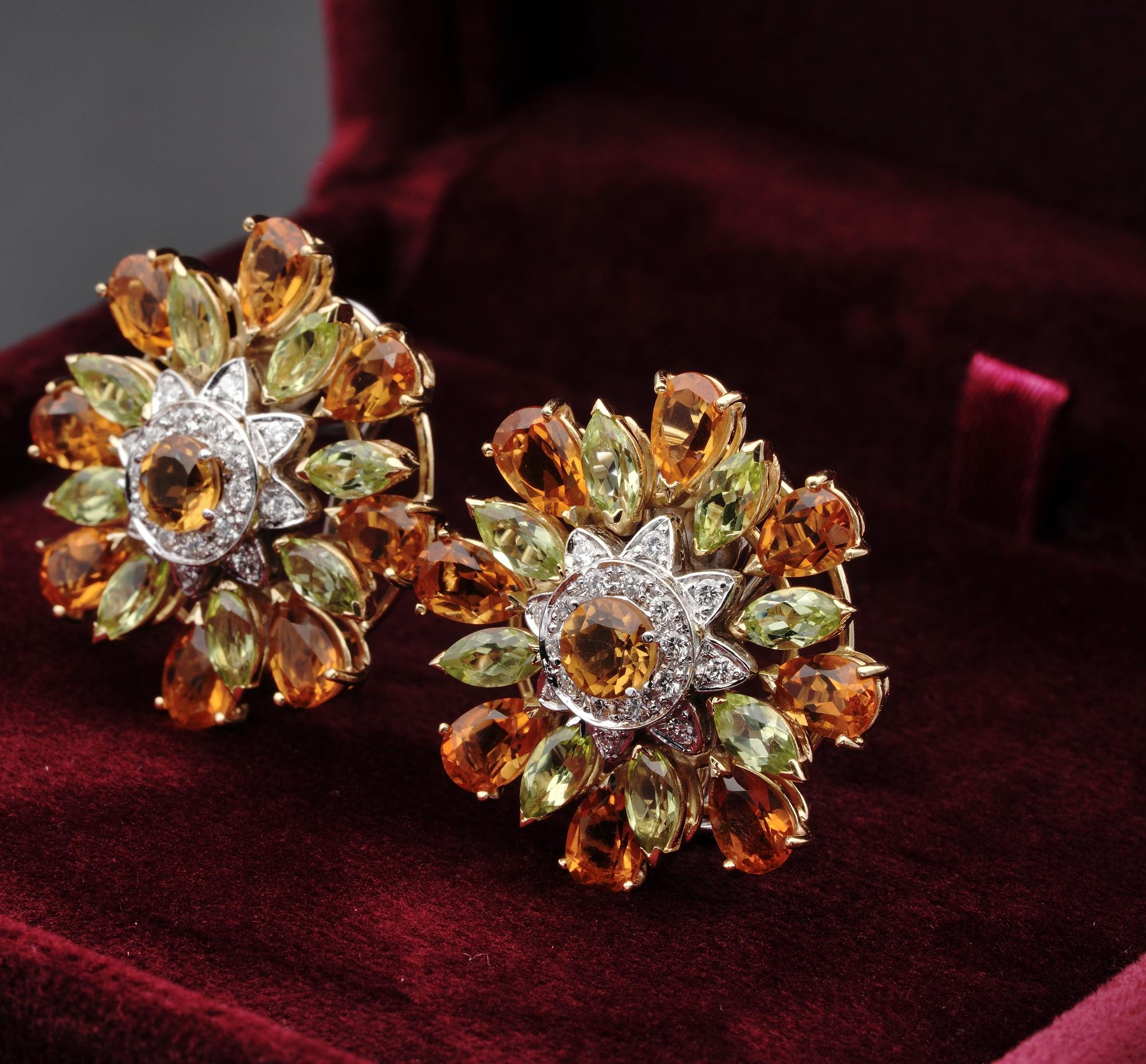 Outstanding Retro Large Flower Citrine Peridot and Diamond Earrings For Sale 2