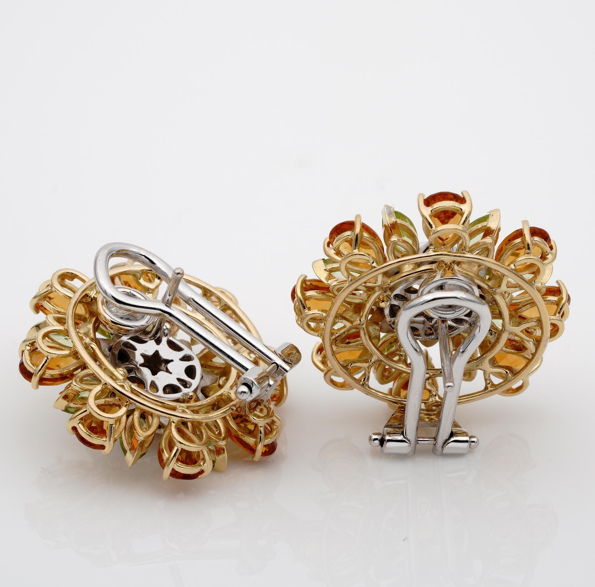 Outstanding Retro Large Flower Citrine Peridot and Diamond Earrings For Sale 3