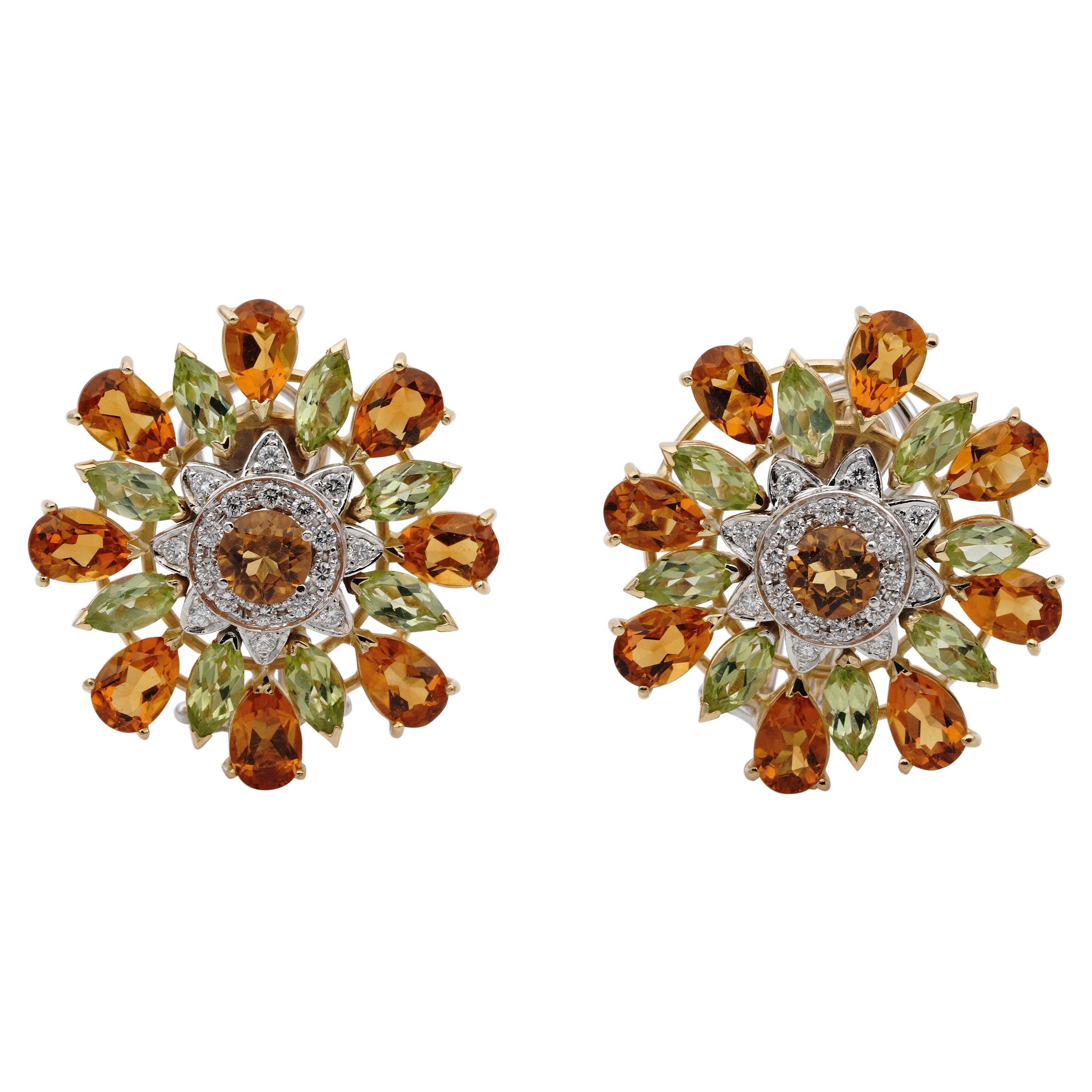 Outstanding Retro Large Flower Citrine Peridot and Diamond Earrings For Sale