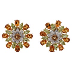 Outstanding Retro Large Flower Citrine Peridot and Diamond Earrings