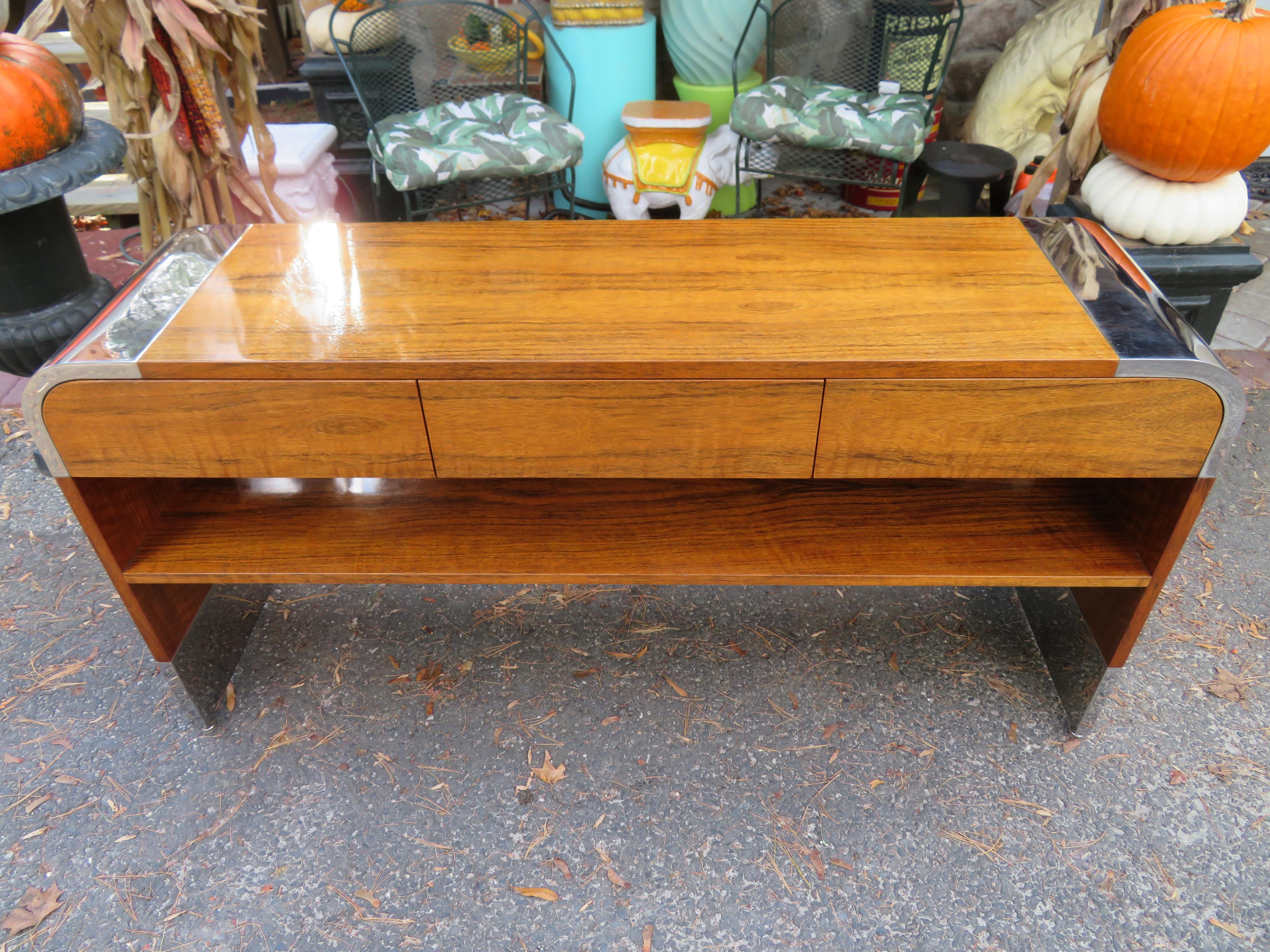 American Outstanding Rosewood Pace Collection Chrome Console Table, Mid-Century Modern
