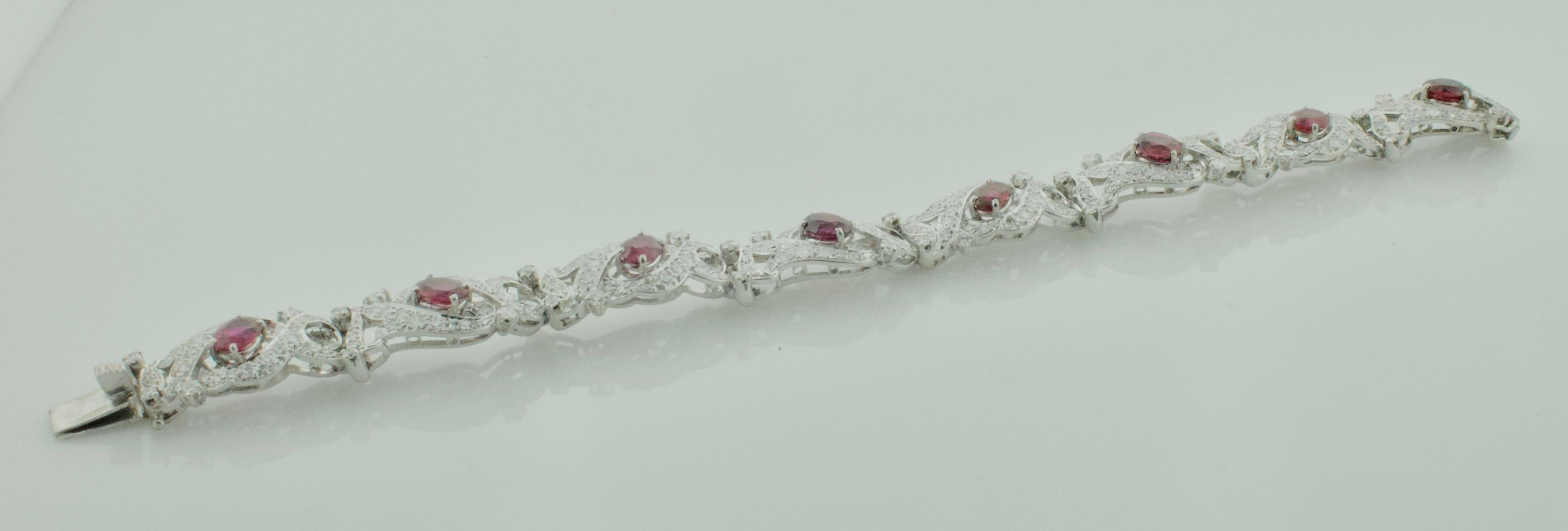 Oval Cut Outstanding Ruby and Diamond Bracelet circa 1940s in Platinum