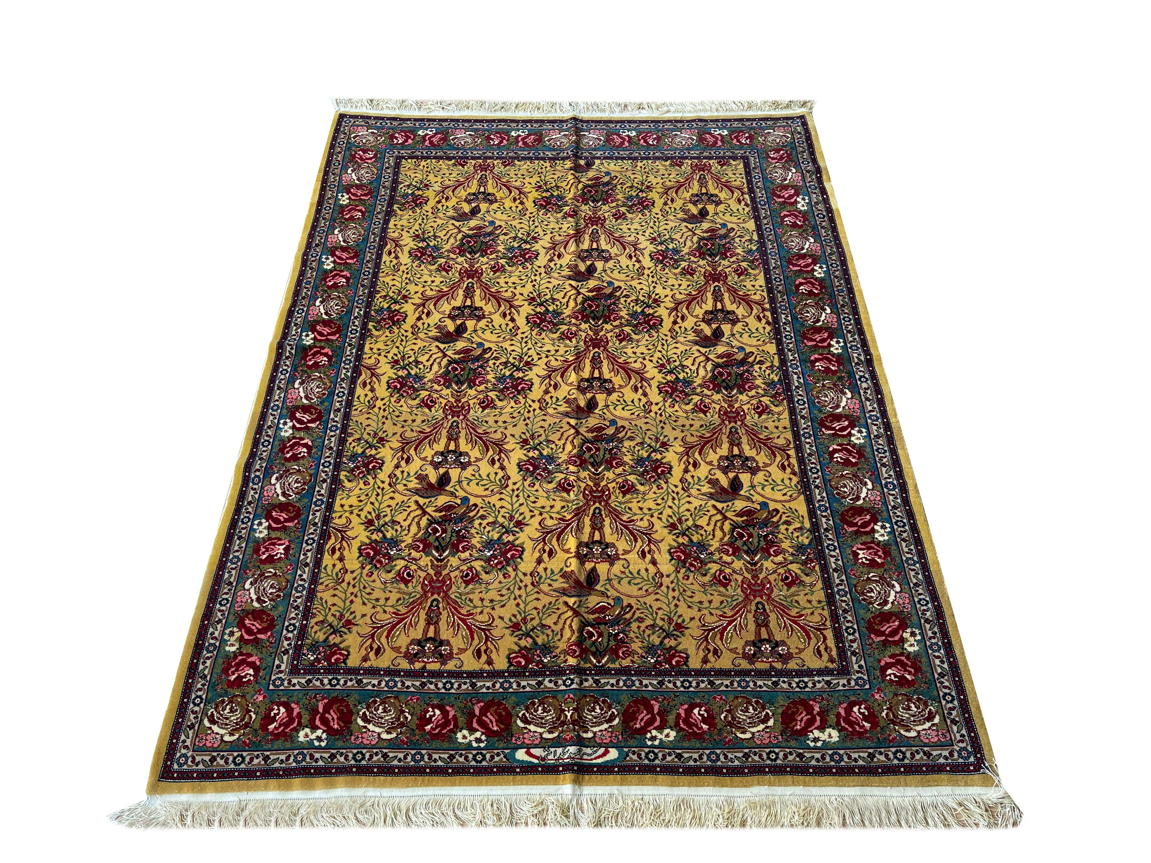 Exclusive vey fine handmade rug made of high-quality materials and designed from a very high-end rug workshop.
The background of this floral rug shows this glittery gold rug as very vivid and shiny. 
The design of this rug includes naturally