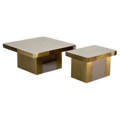 Outstanding Set of 2 Italian Coffee Tables in Travertine and Brass, 1980s