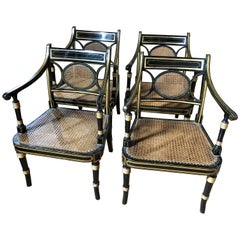 Outstanding Set of Four Fine George III Regency Caned Black and Gold Armchairs