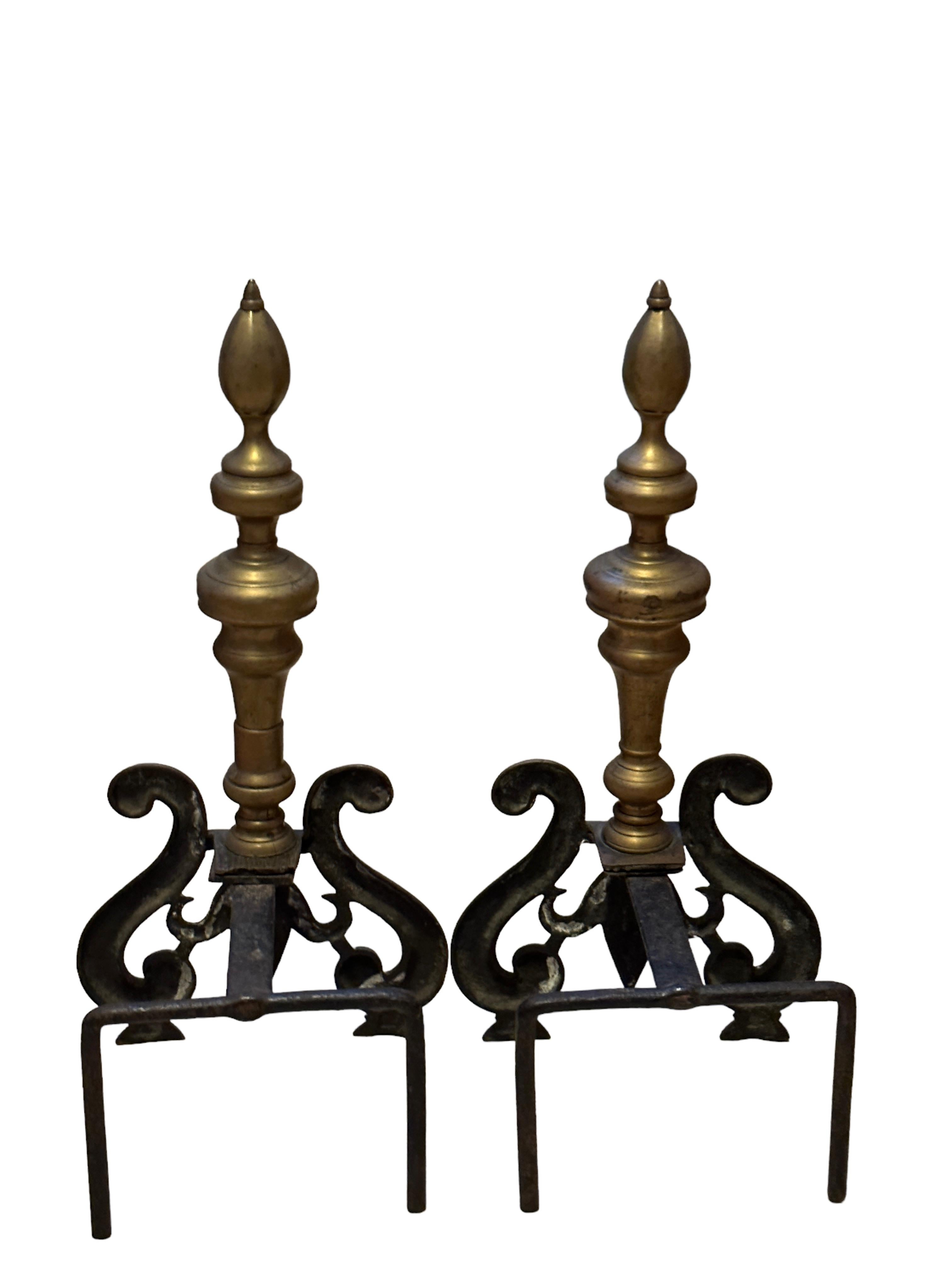 Brass Outstanding Set of French Andirons, Antique 1900s For Sale