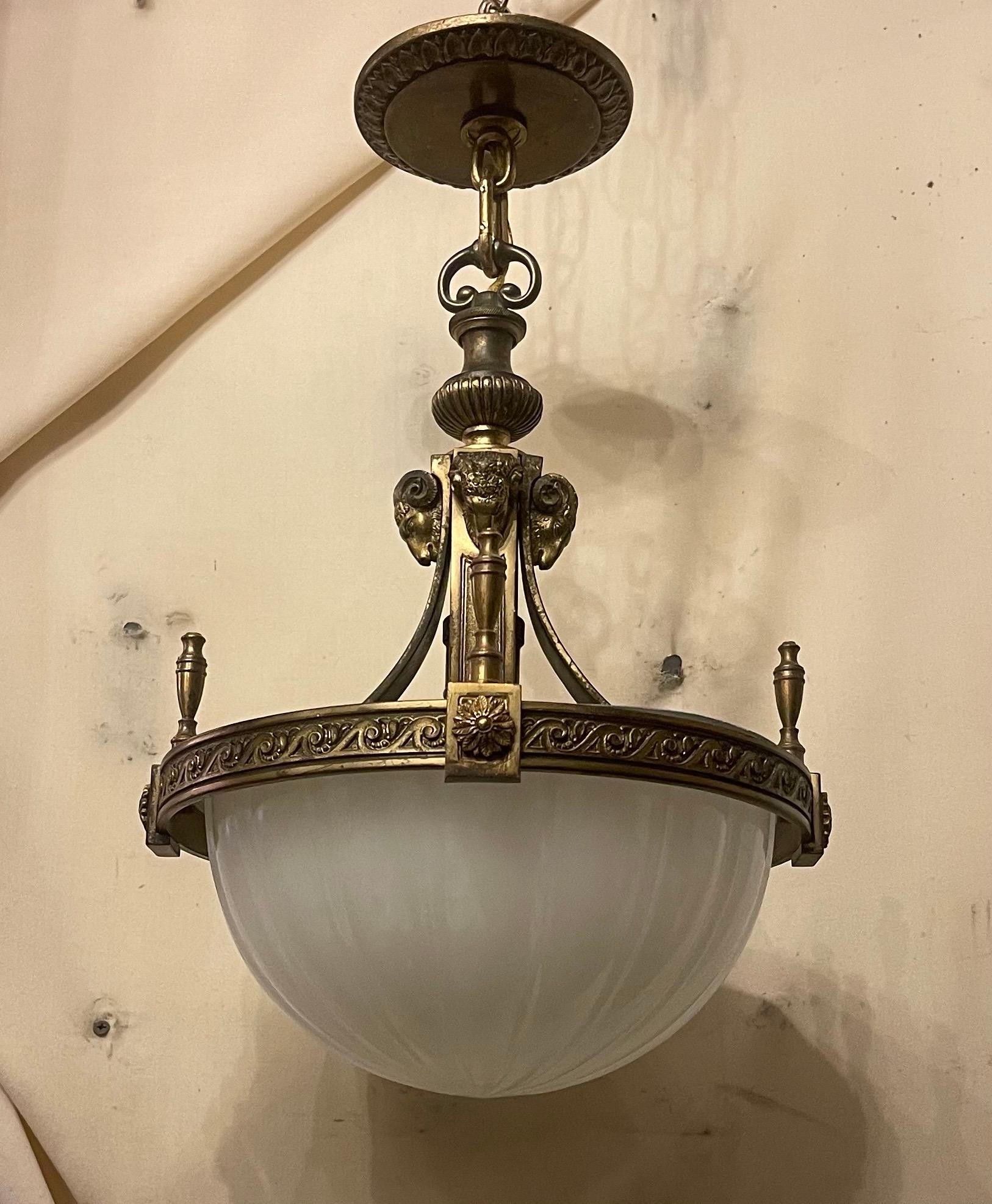 Neoclassical Outstanding Set Three Gilt Bronze and Opaline Glass Caldwell Empire Chandeliers For Sale