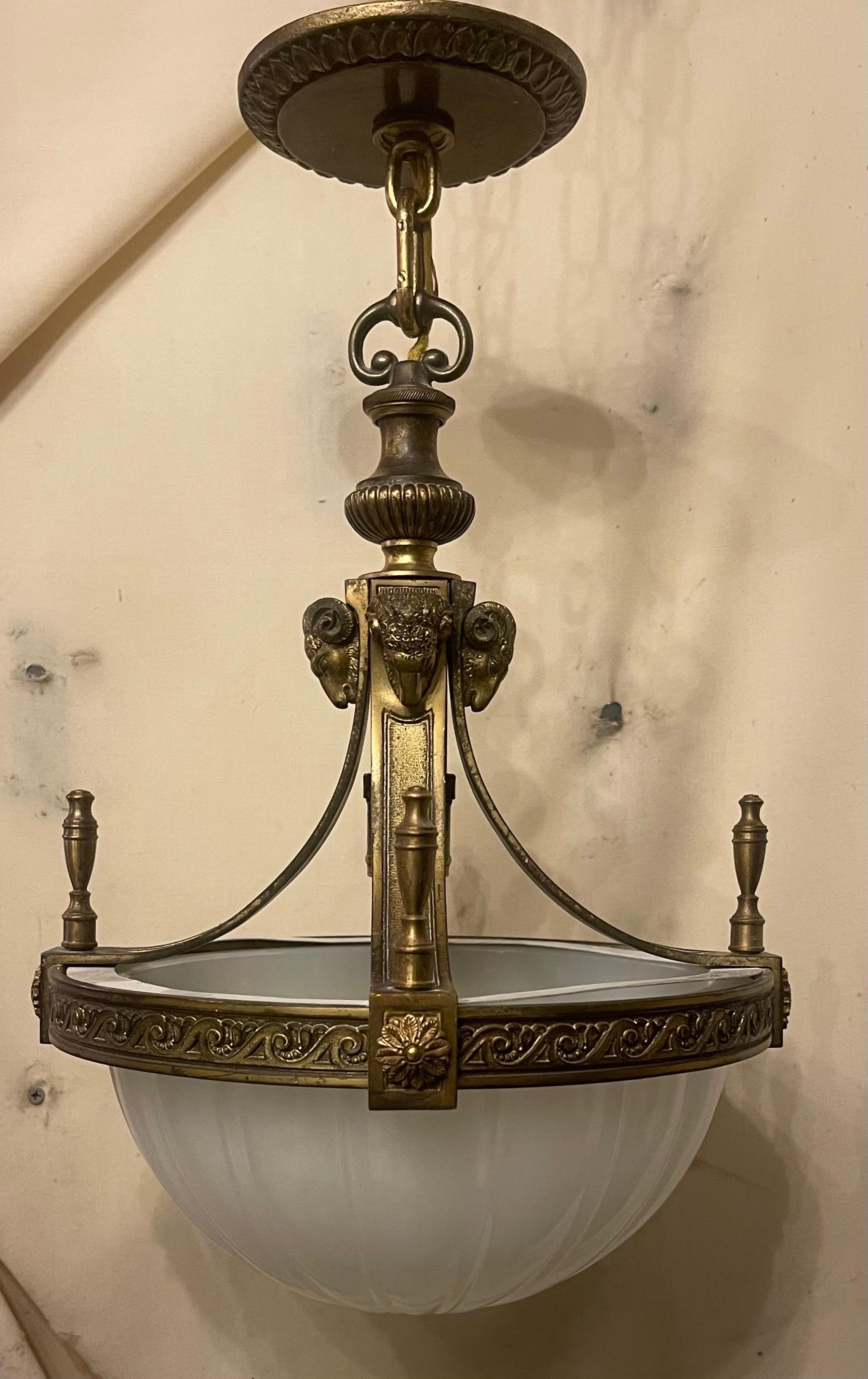 American Outstanding Set Three Gilt Bronze and Opaline Glass Caldwell Empire Chandeliers For Sale