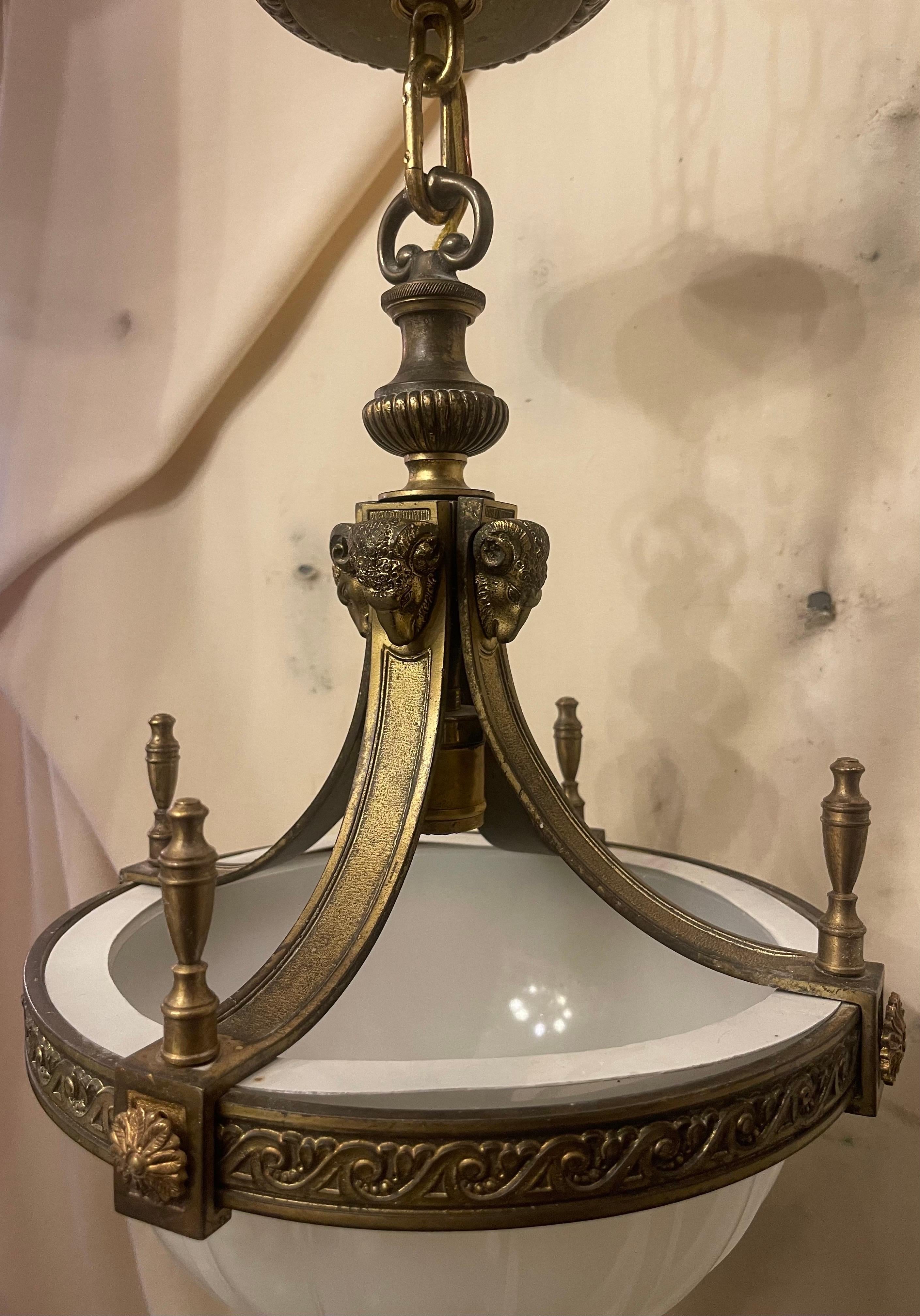 Outstanding Set Three Gilt Bronze and Opaline Glass Caldwell Empire Chandeliers In Good Condition For Sale In Roslyn, NY