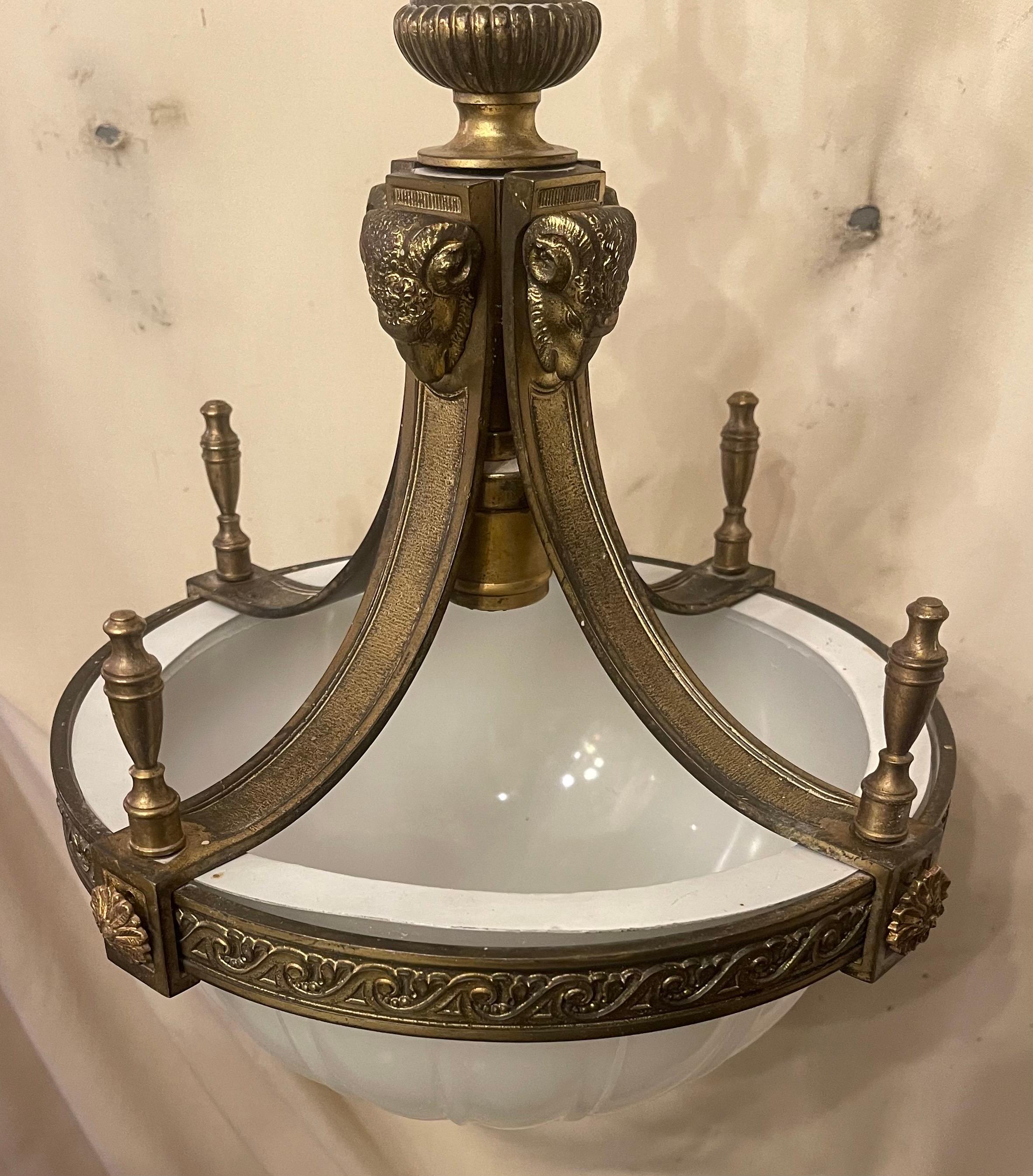 20th Century Outstanding Set Three Gilt Bronze and Opaline Glass Caldwell Empire Chandeliers For Sale