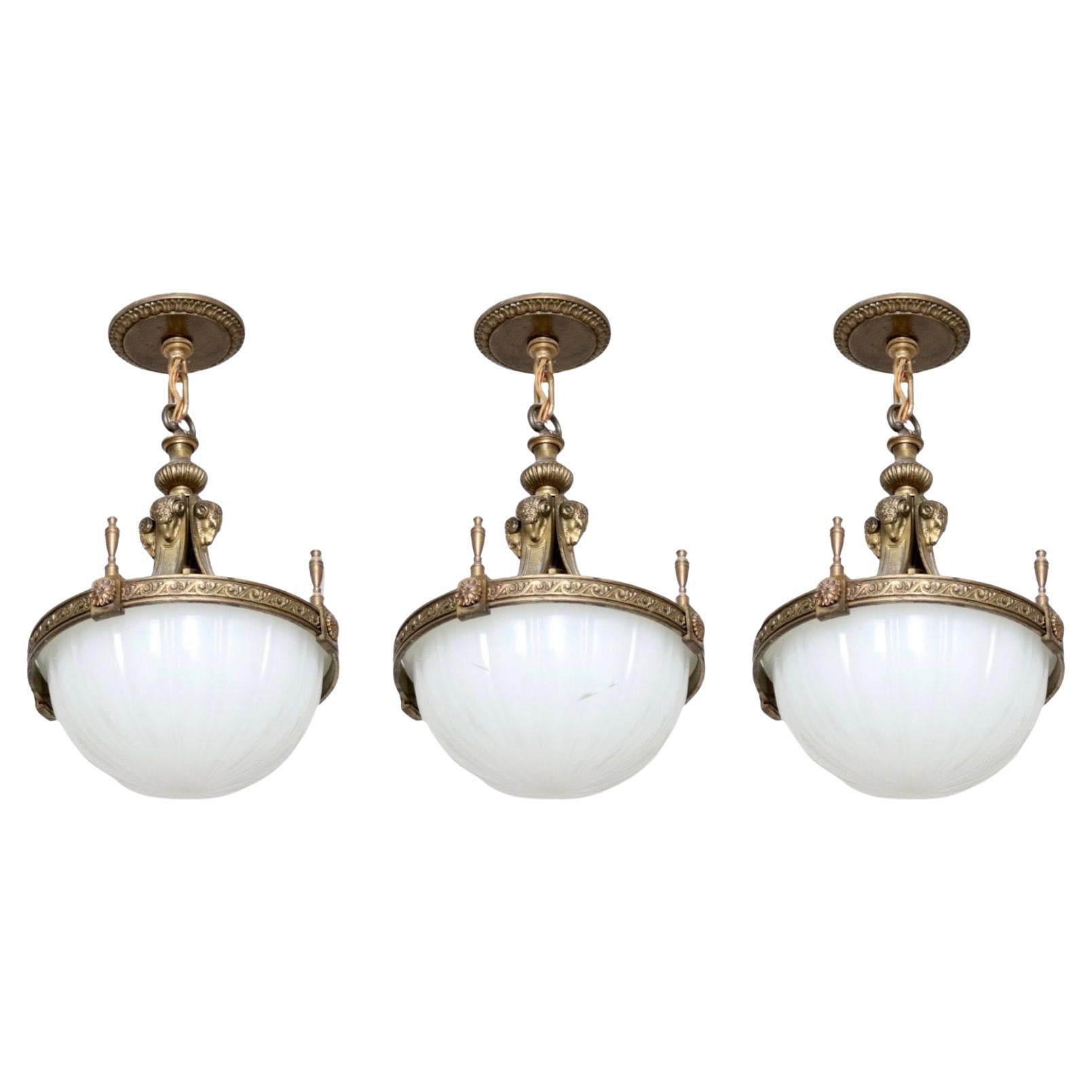 Outstanding Set Three Gilt Bronze and Opaline Glass Caldwell Empire Chandeliers For Sale