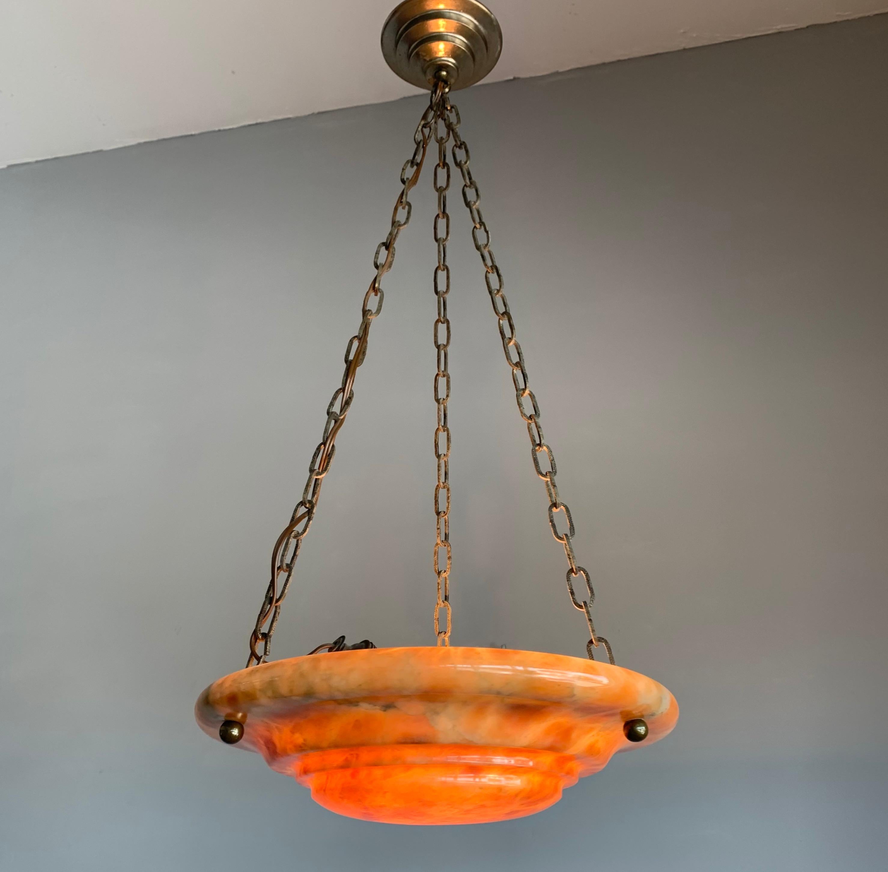 French Timeless Design Art Deco Amber Color & Layered Alabaster Pendant Light / Fixture For Sale