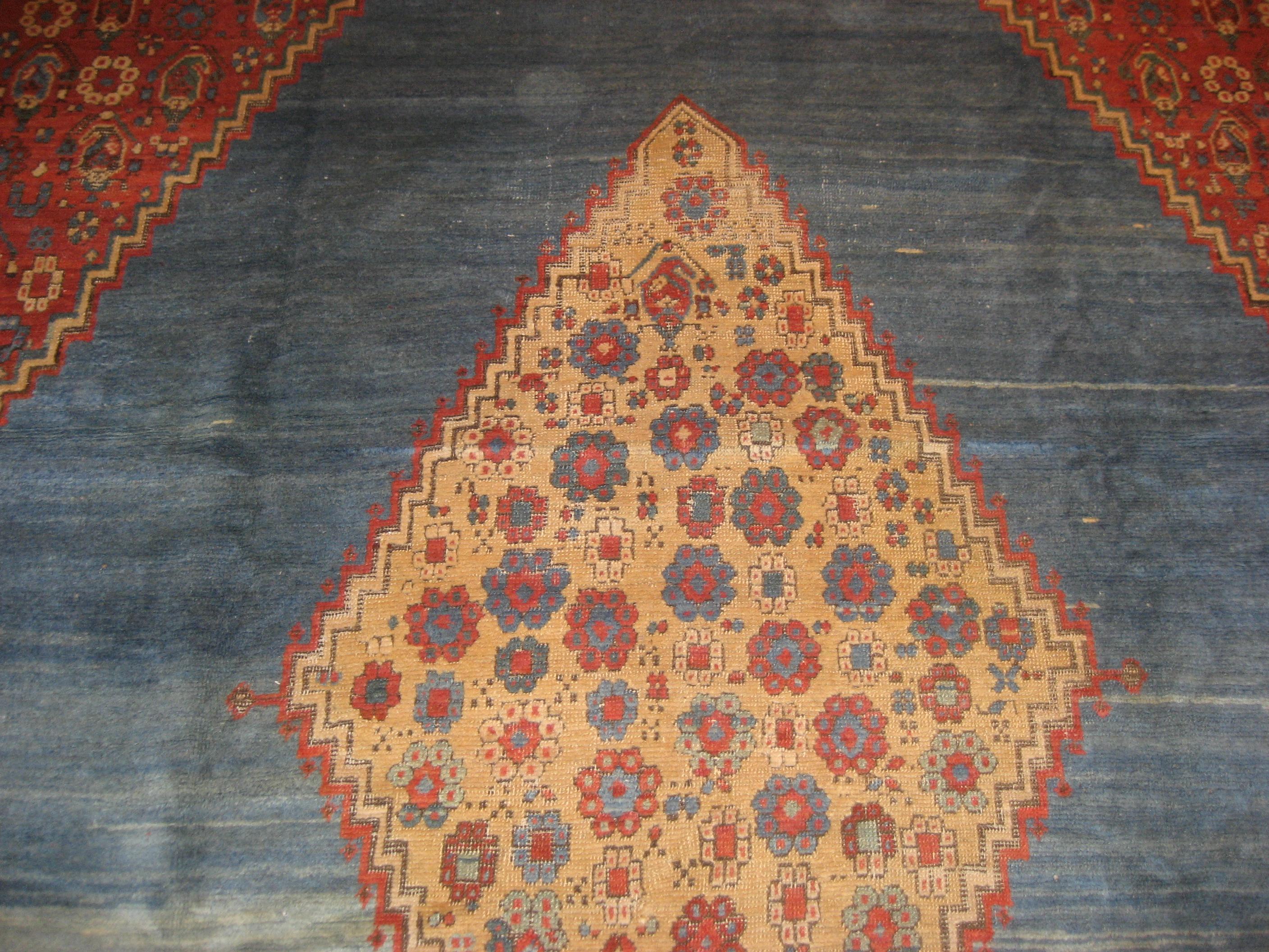 Azerbaijani Outstanding Sky Blue Antique Bakshaish Carpet with Sun Yellow Central Diamond For Sale