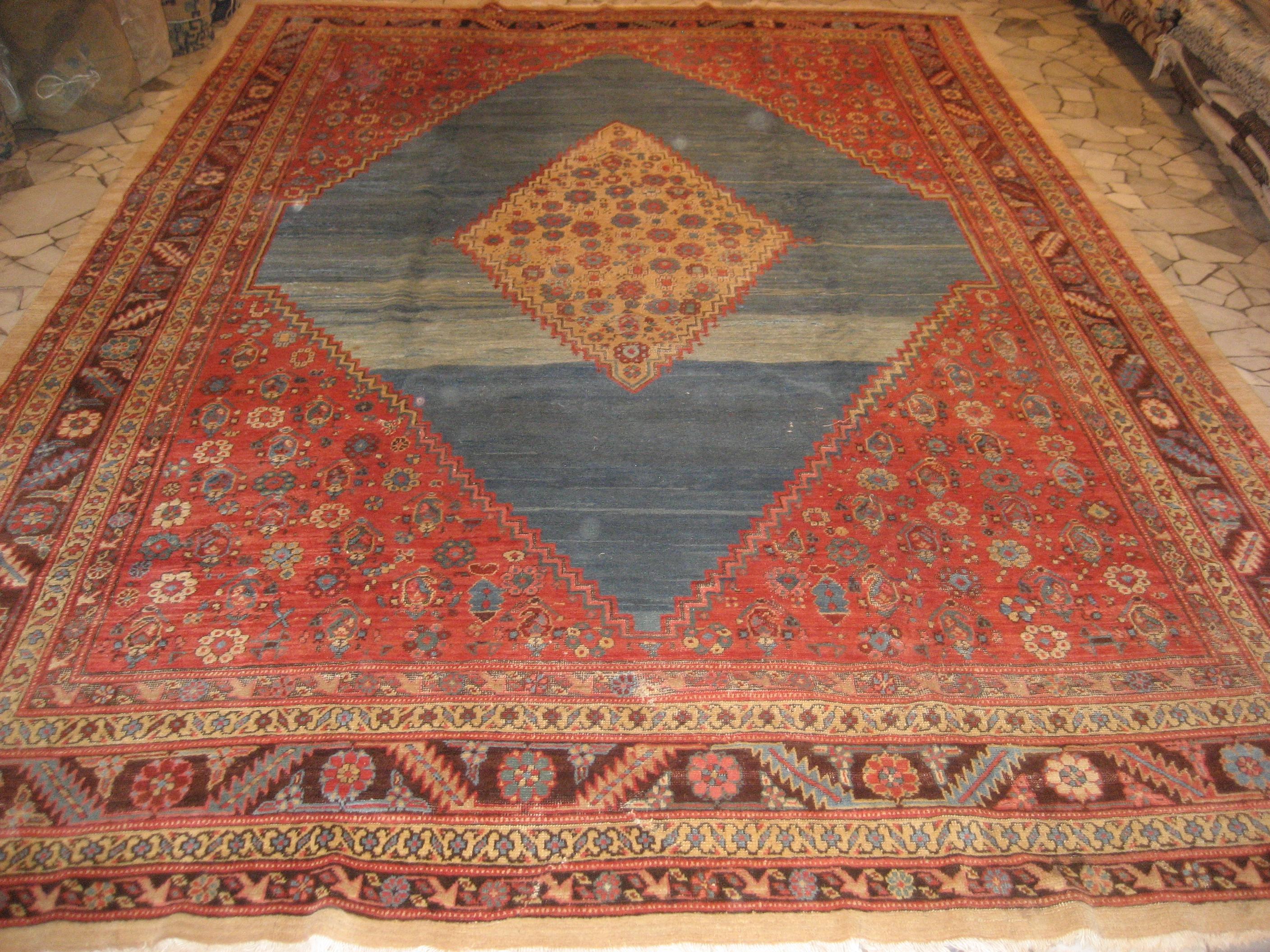Wool Outstanding Sky Blue Antique Bakshaish Carpet with Sun Yellow Central Diamond For Sale