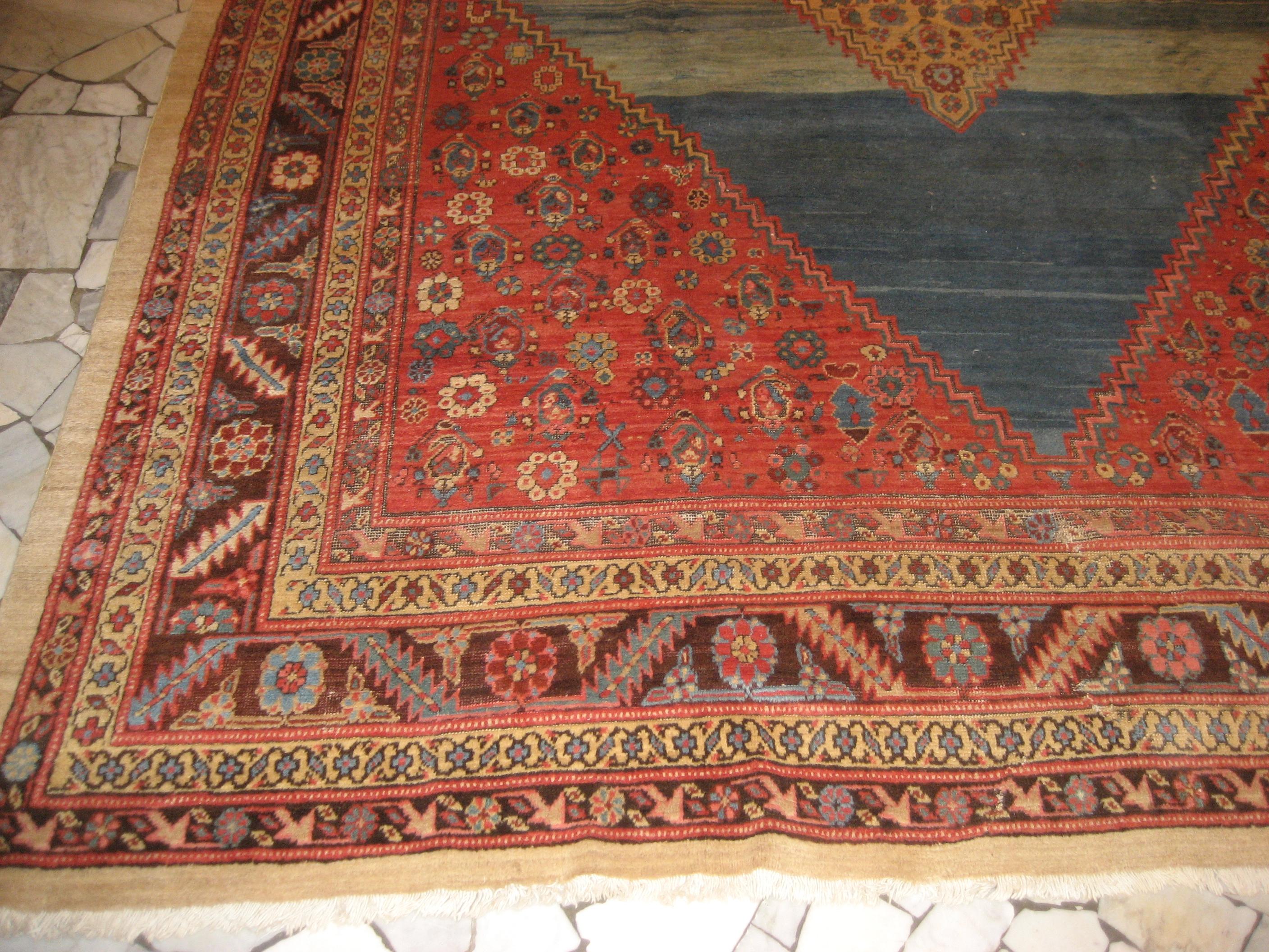 Outstanding Sky Blue Antique Bakshaish Carpet with Sun Yellow Central Diamond For Sale 2
