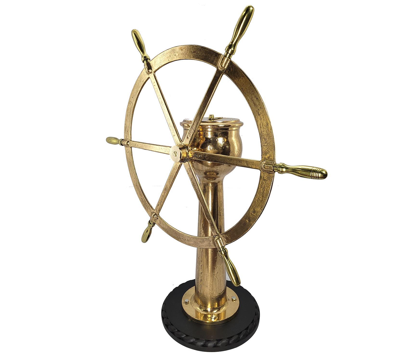 North American Outstanding Solid Brass Ships Wheel on Stand For Sale