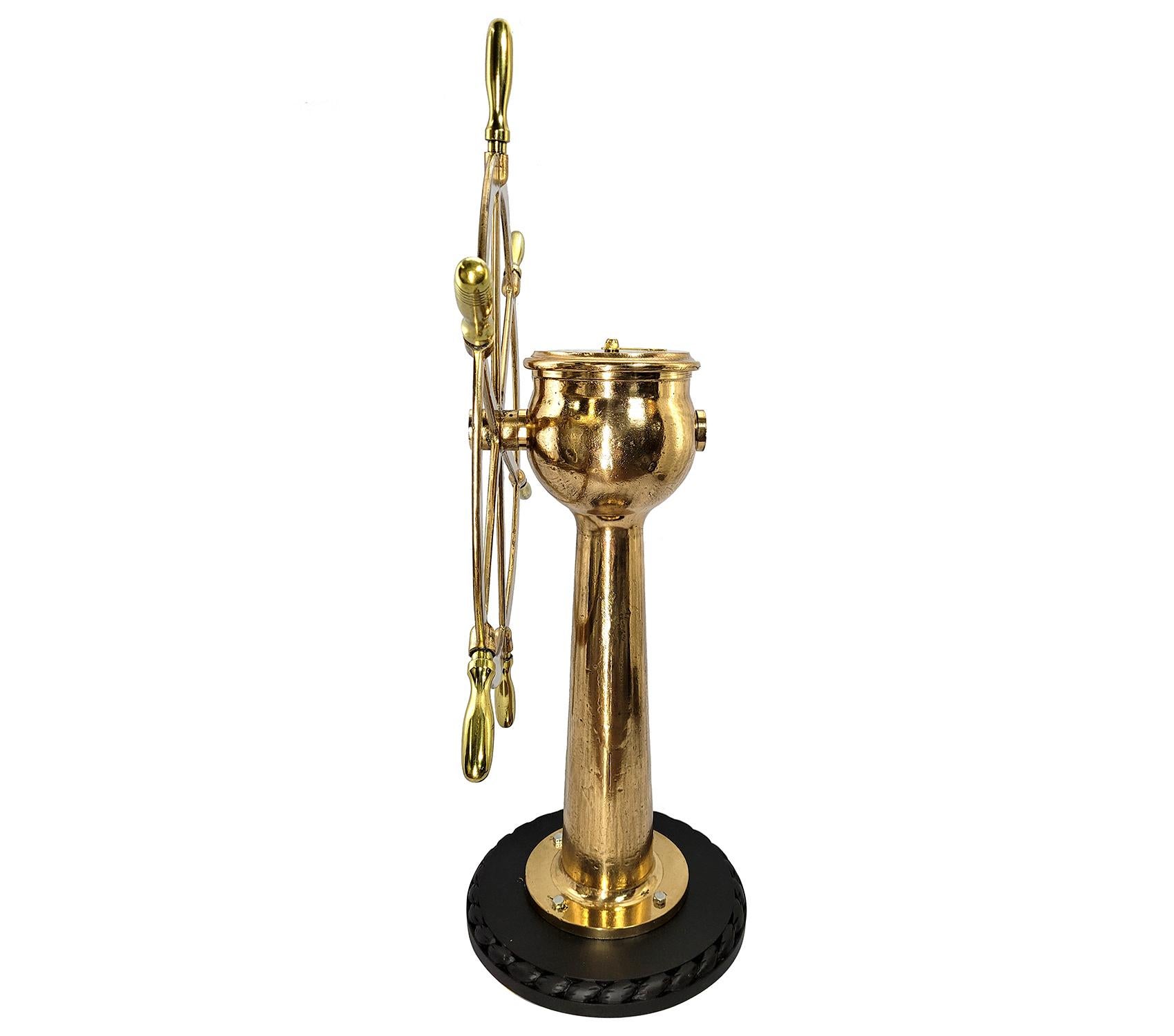 Polished Outstanding Solid Brass Ships Wheel on Stand For Sale
