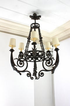 Outstanding Spanish Revival Chandelier in Wrought Iron with Six Lights
