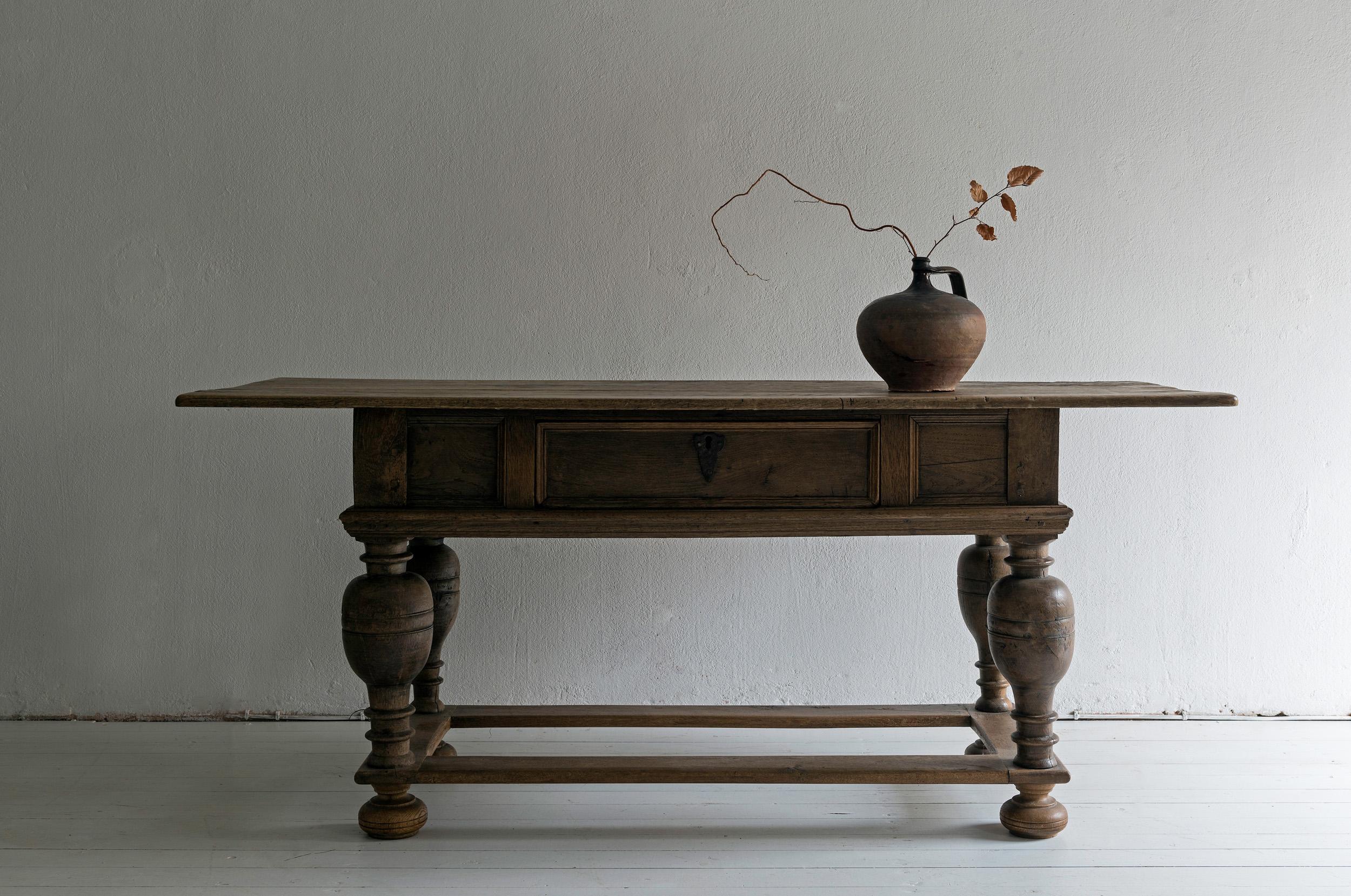 Baroque Swedish 17th Century Console or Center Table in Solid Oak
