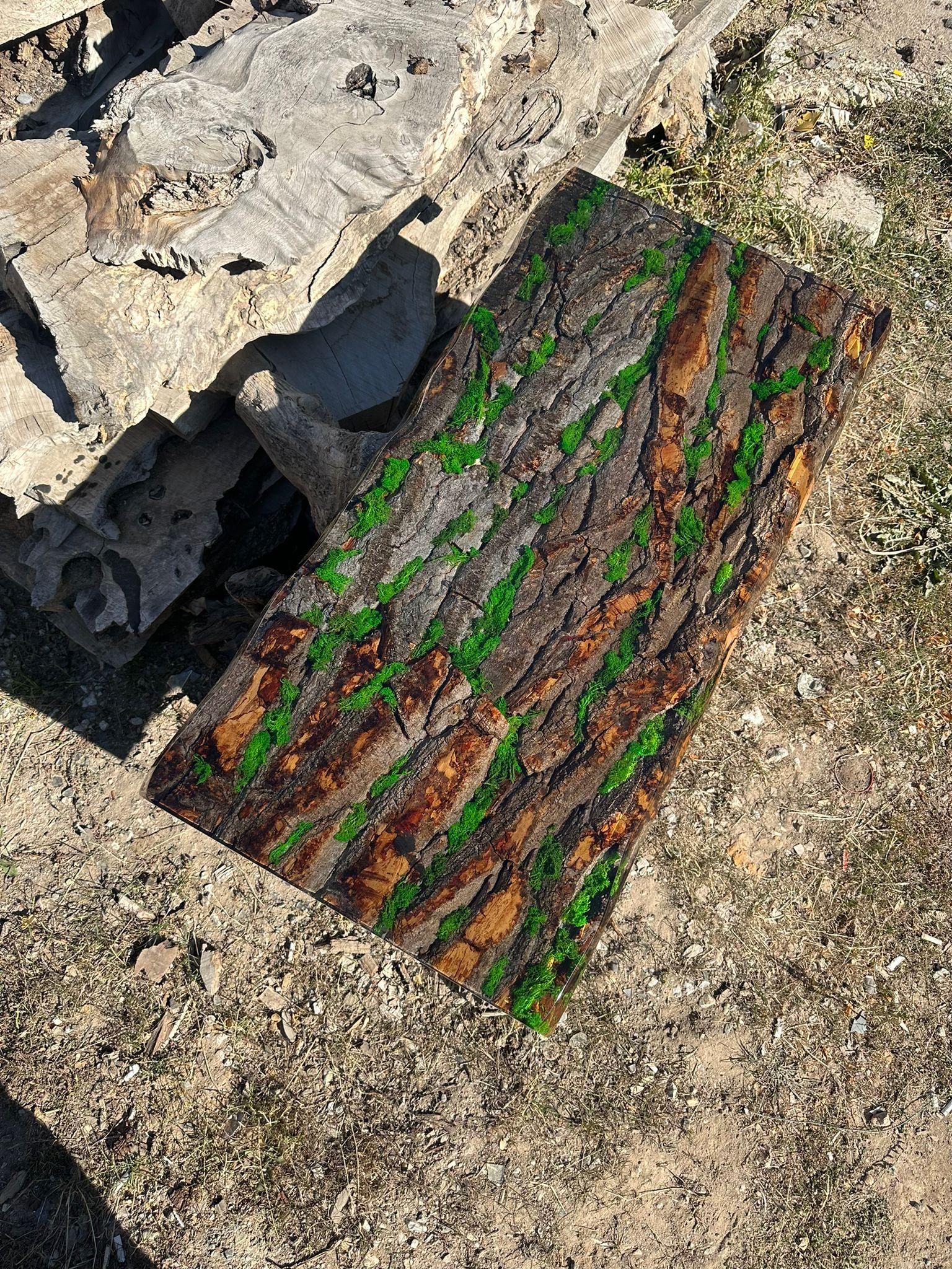 Hollywood Regency Outstanding Tree Bark Moss Epoxy Table - Resin Bark Dining Table For Sale