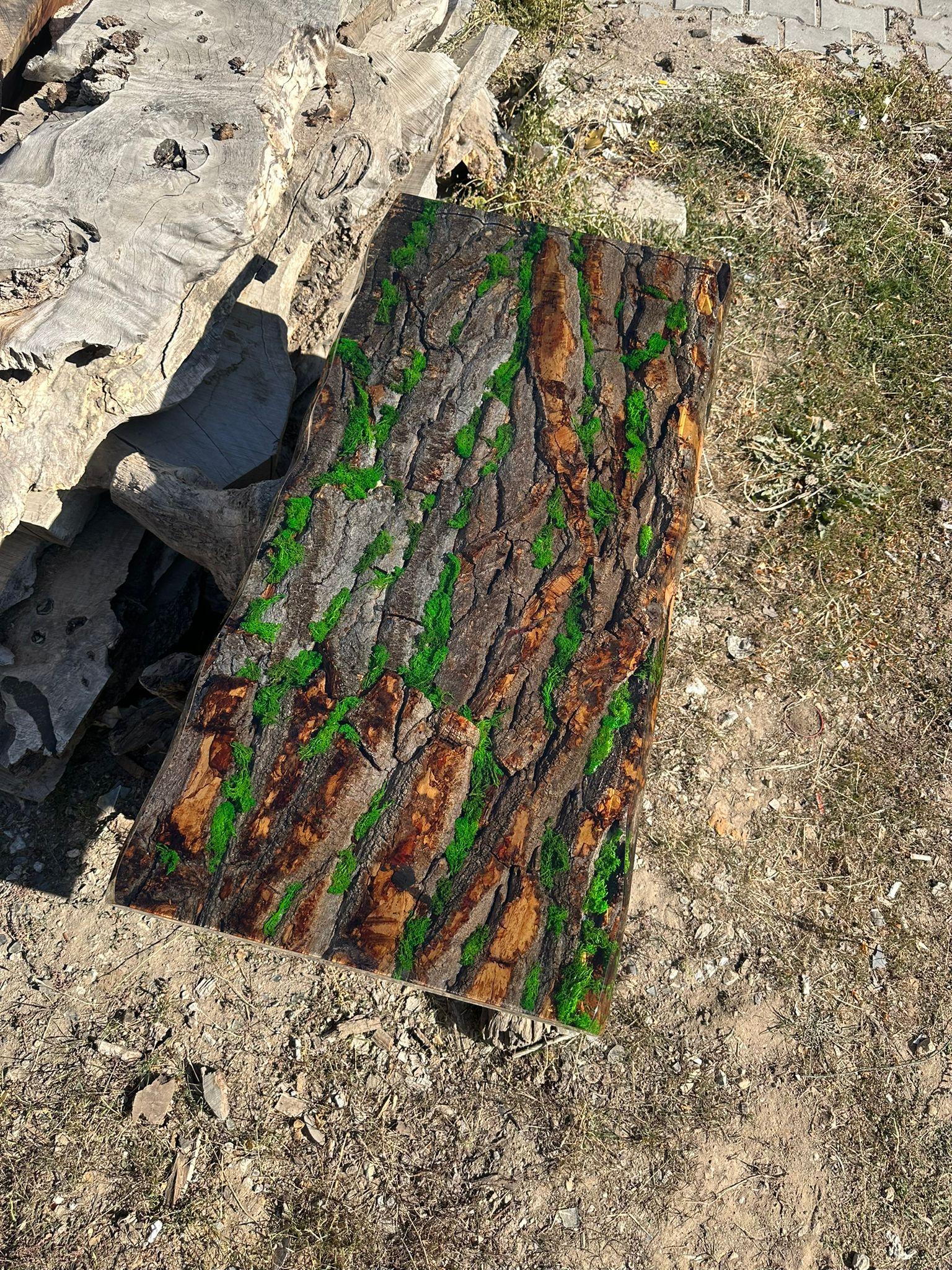 Turkish Outstanding Tree Bark Moss Epoxy Table - Resin Bark Dining Table For Sale