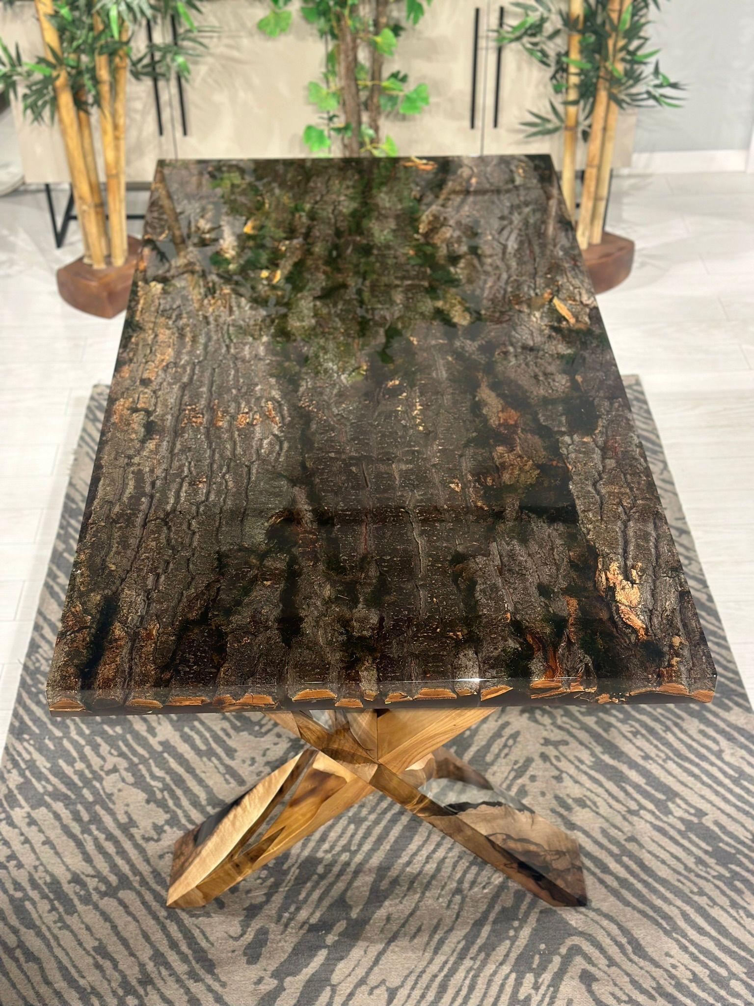 Outstanding Tree Bark Moss Epoxy Table - Resin Bark Dining Table For Sale 1