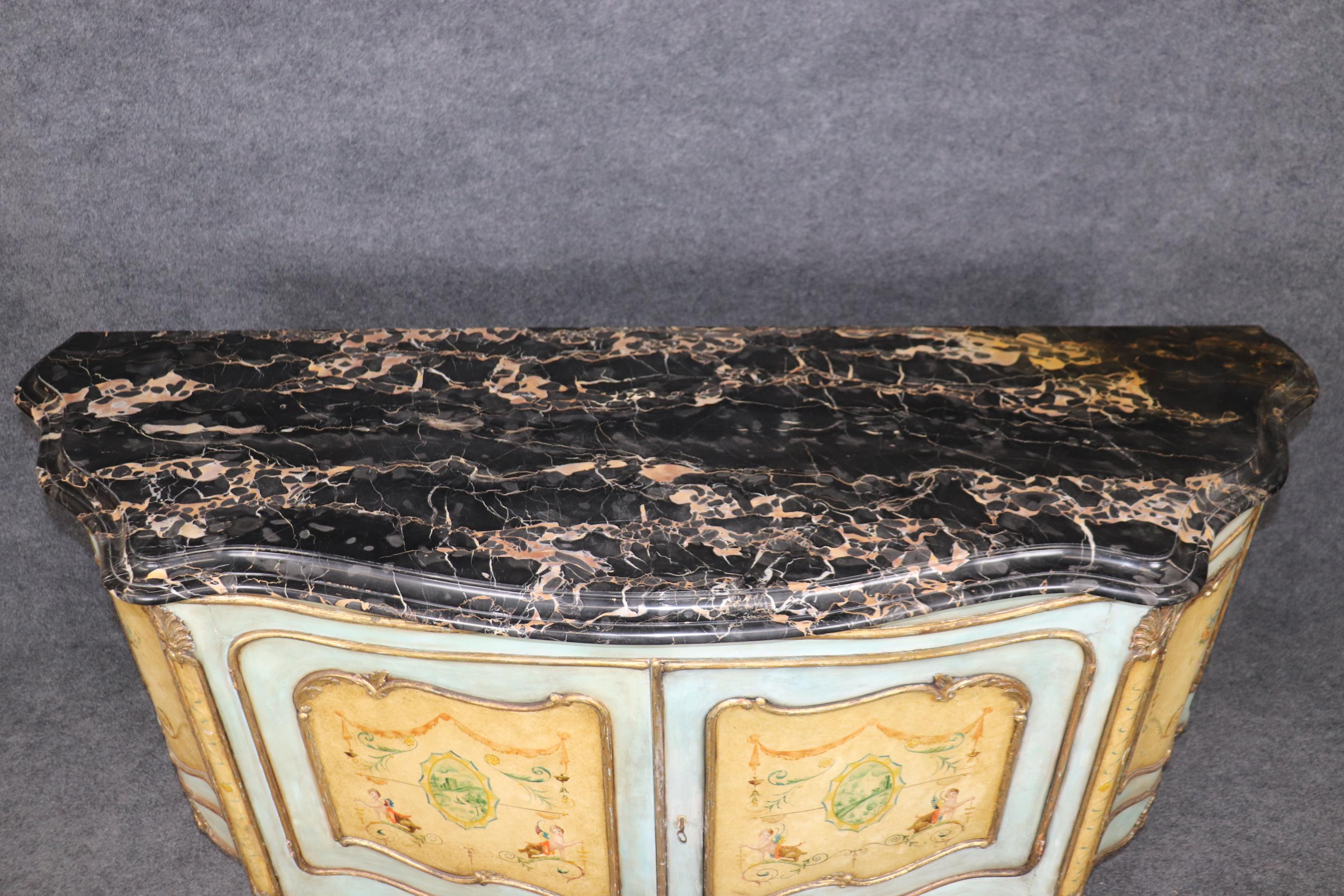 Italian Outstanding Venetian Rococo Paint Decorated Portoro Marble Sideboard Buffet For Sale