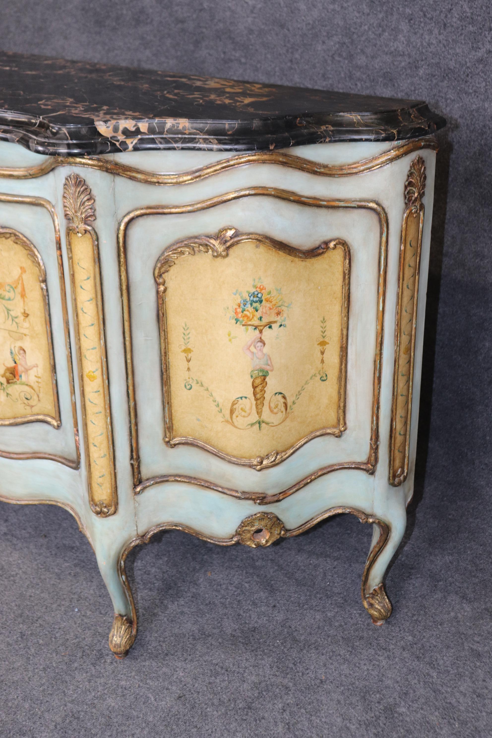 Outstanding Venetian Rococo Paint Decorated Portoro Marble Sideboard Buffet In Good Condition For Sale In Swedesboro, NJ