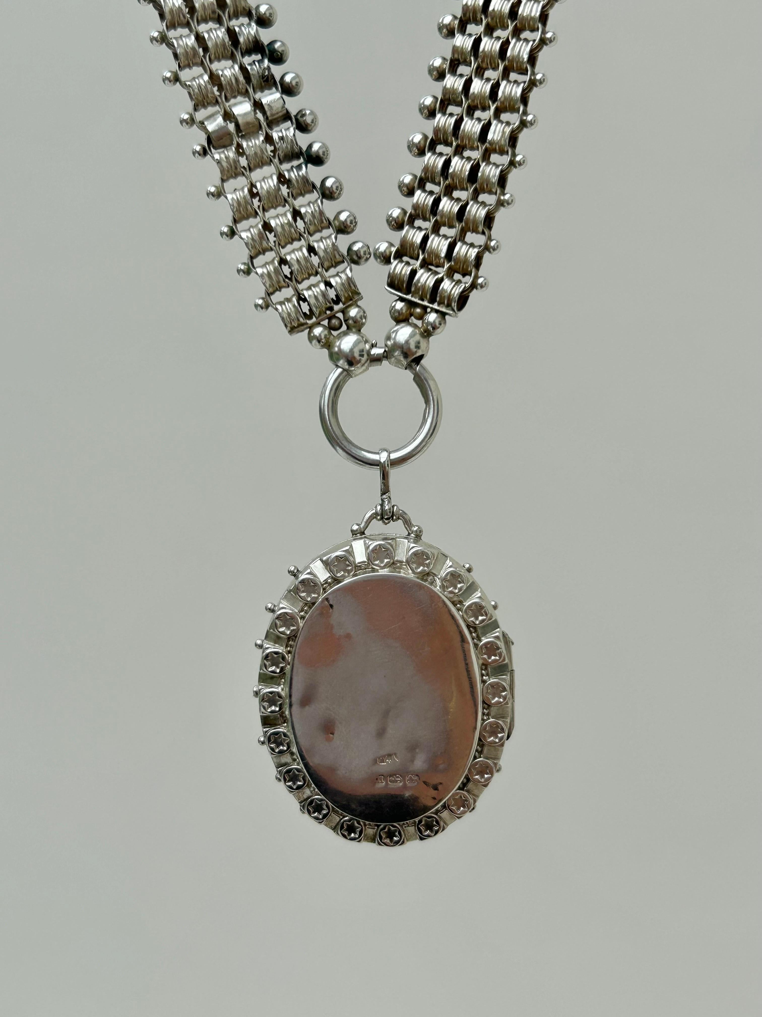 Outstanding Victorian circa 1887 Silver Collar with Locket Necklace For Sale 1