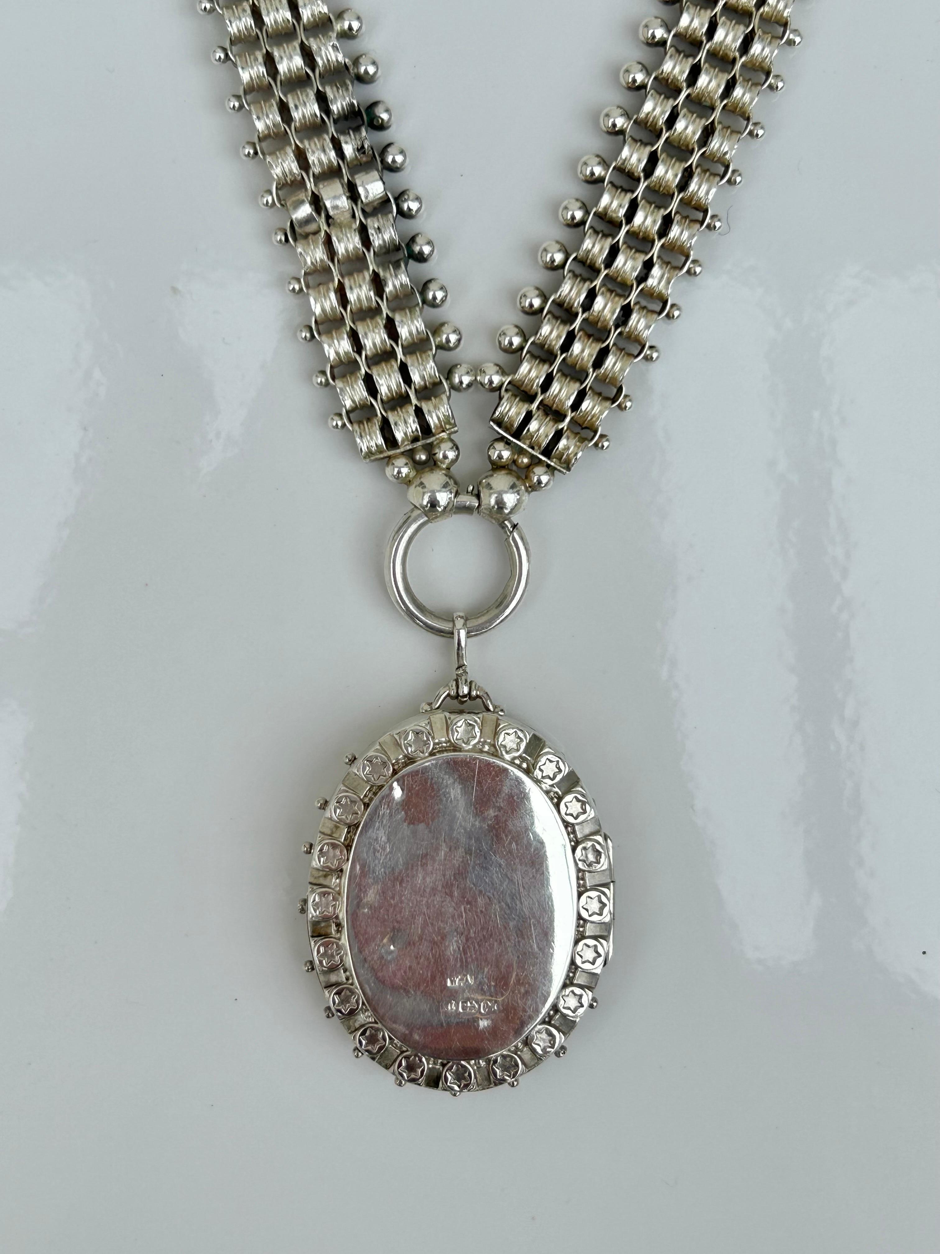 Outstanding Victorian circa 1887 Silver Collar with Locket Necklace For Sale 3