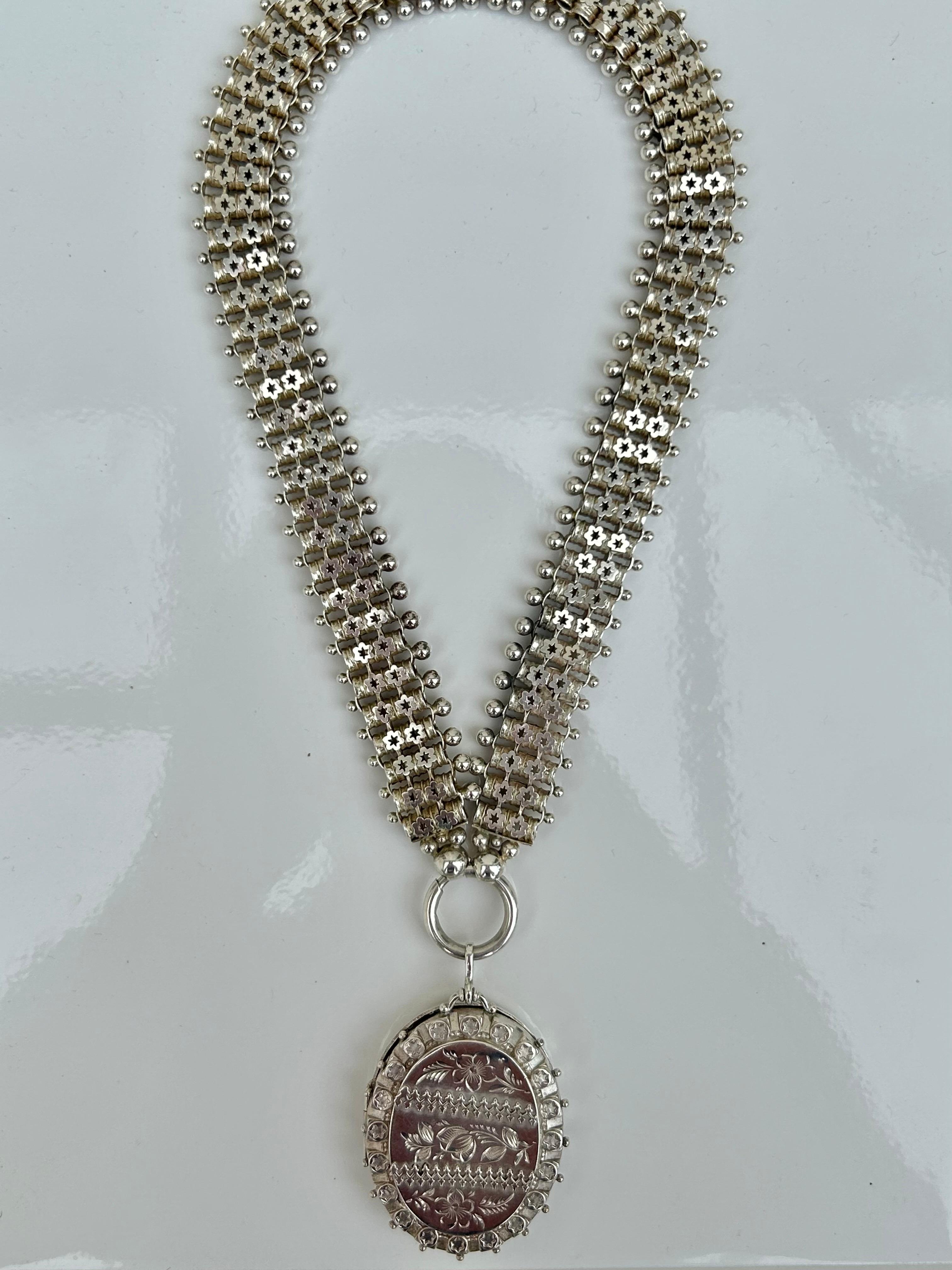 Outstanding Victorian circa 1887 Silver Collar with Locket Necklace For Sale 4